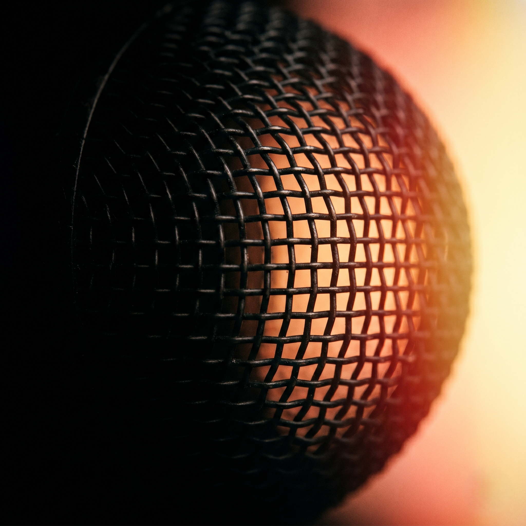 A macro close-up of a dark studio microphone mesh. The left side is pitch black, fading into a warm, blurred gradient of orange and yellow light on the right.