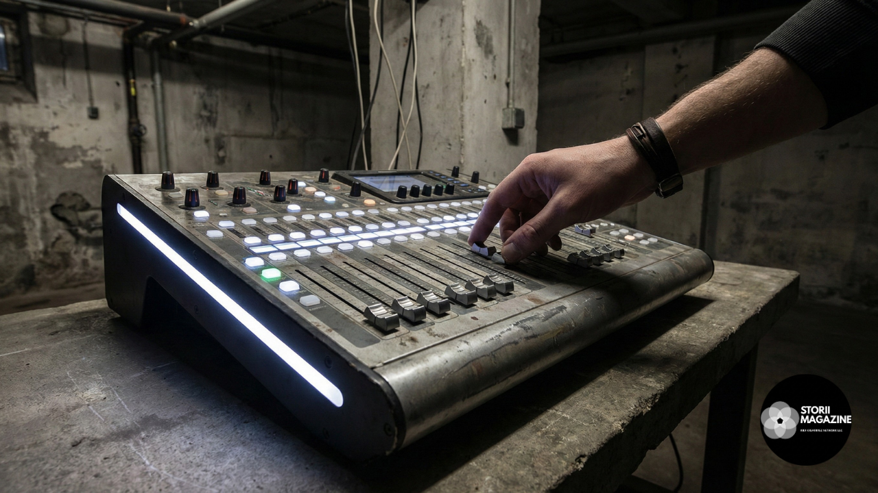 A hand adjusting a fader on a glowing audio mixing board in a dark concrete room.