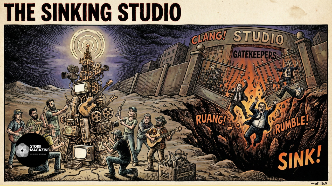 Political cartoon style illustration showing independent creators constructing a massive broadcasting tower in the foreground while a Hollywood studio lot sinks into a dark abyss in the background.