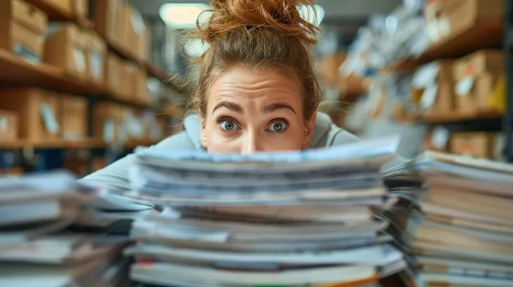 A stressed woman peering over a massive, chaotic stack of paperwork and folders.
