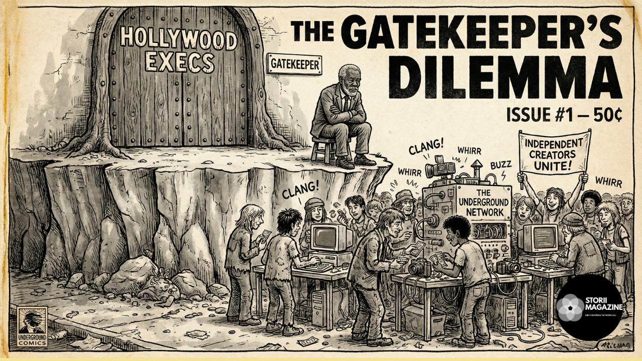 Satirical comic illustration depicting an older gatekeeper in a suit guarding a door labeled "Hollywood Execs" while young creators build their own network in the streets below.