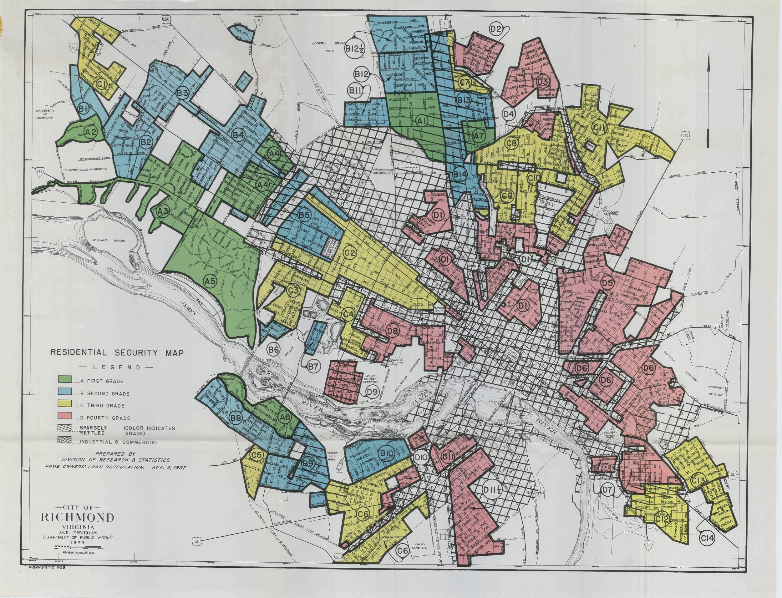 A 1937 Home Owners' Loan Corporation (HOLC) map of Richmond, Virginia, showing neighborhoods graded by color, with Black neighborhoods explicitly outlined in red to signify "hazardous" investment areas.