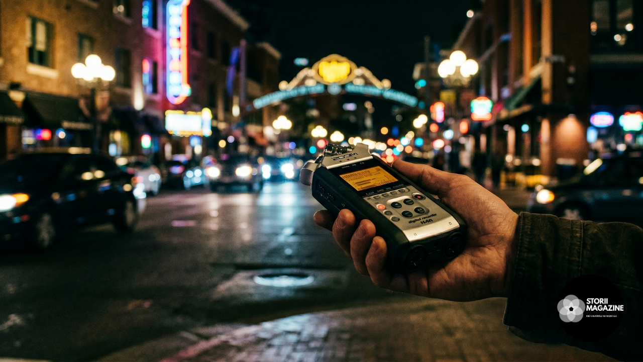 A hand holding a portable audio recorder capturing the sounds of a neon-lit city street at night, featuring The Vanguard by Storii Magazine logo.
