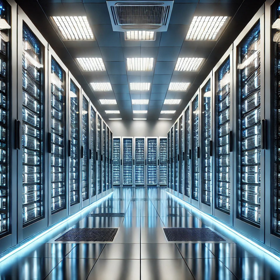 Endless rows of black server racks illuminated by cool blue and green LED lights inside a massive, climate-controlled data center.