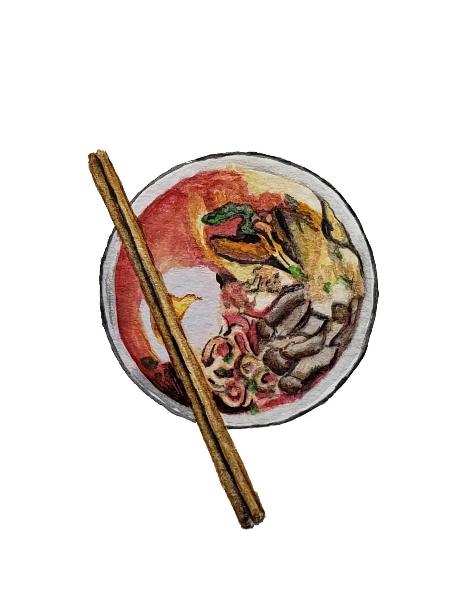Watercolor painting of ramen with mushrooms, egg, bok choy and chopsticks resting across the top of the bowl.