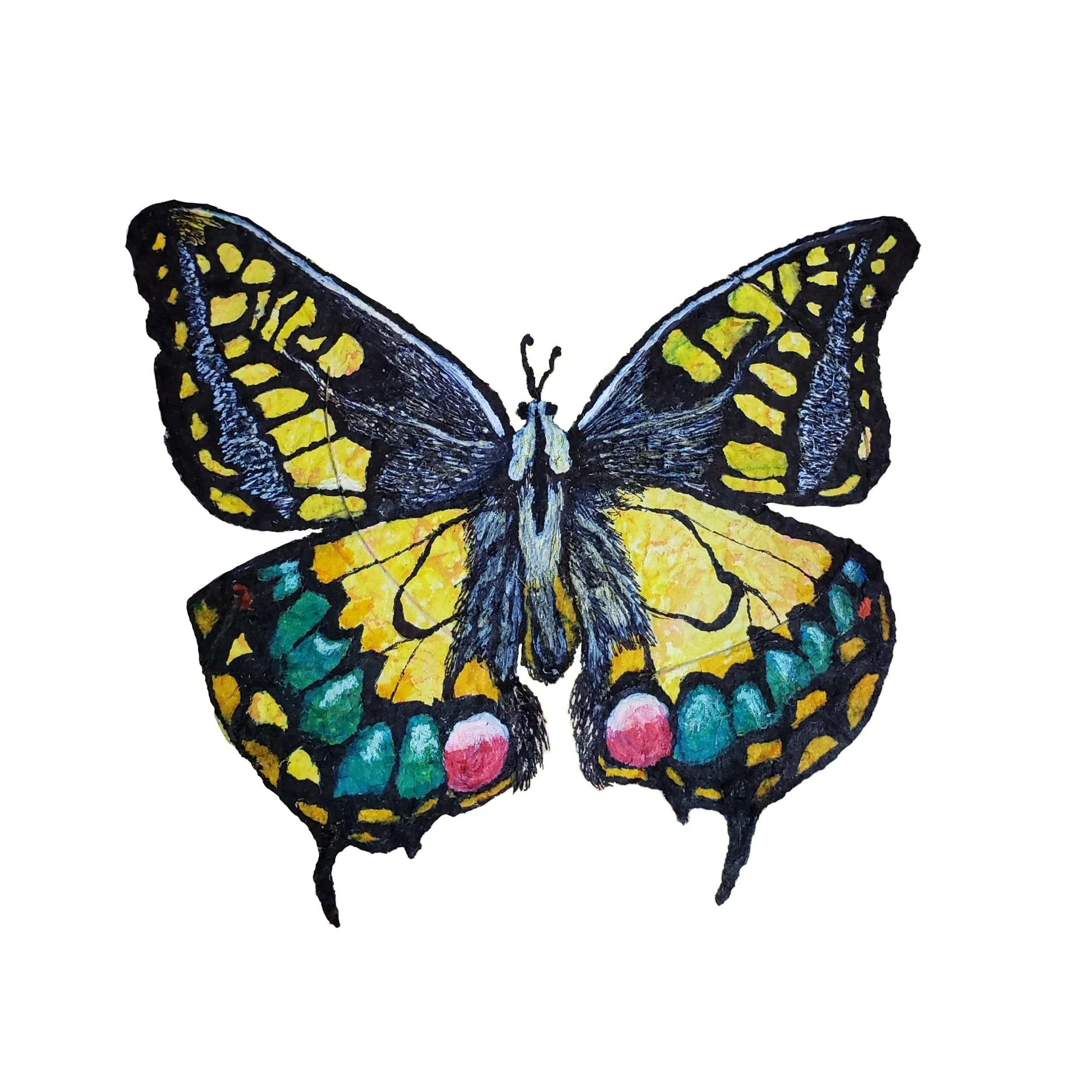 A painting of a swallowtail butterfly. The artwork features bold black outlines and a striking color palette of bright yellow, teal, and pink. The textured brushwork gives the wings a stained-glass appearance, contrasting with the dark, fuzzy detail 