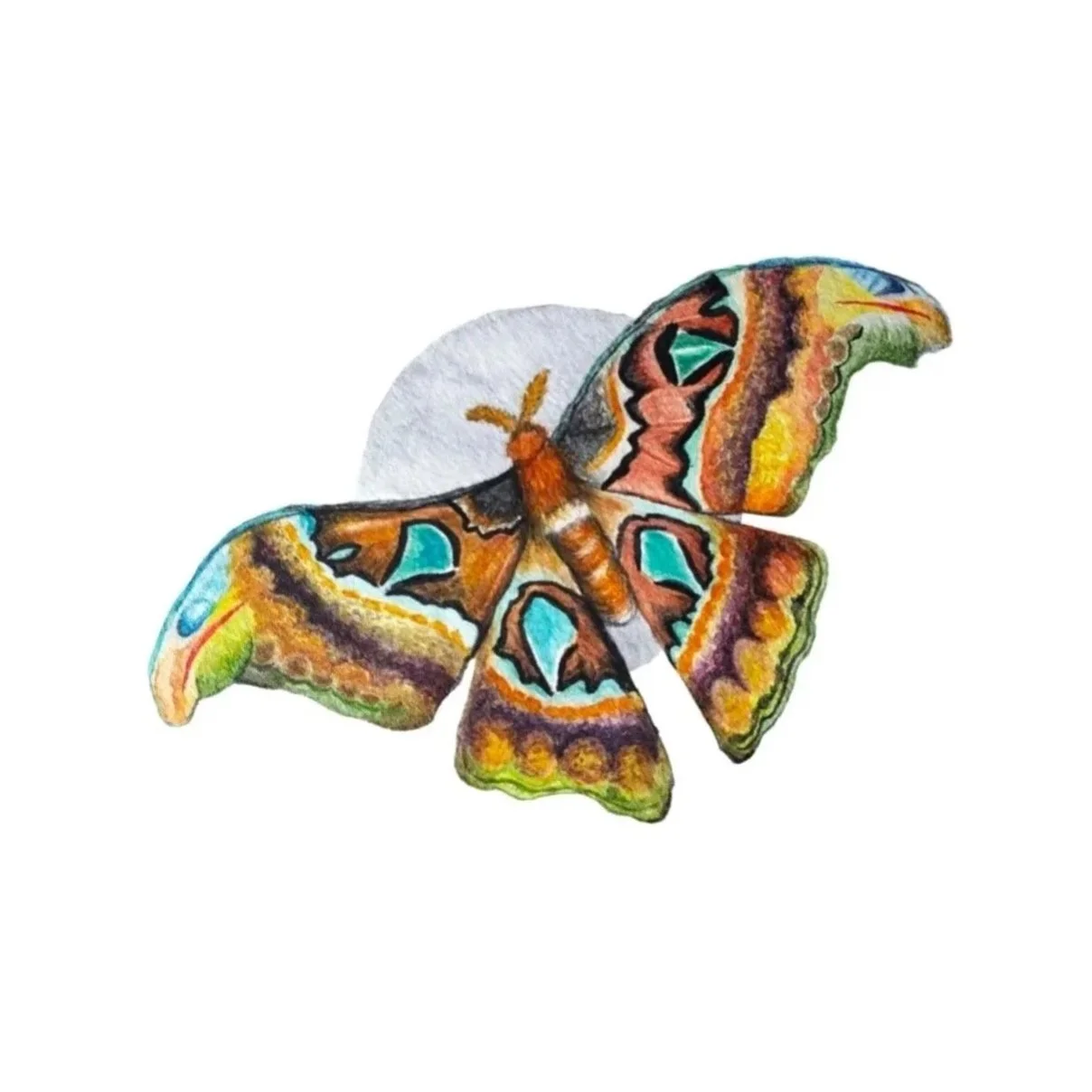 A watercolor painting of a Cecropia moth (giant atlas moth) against a white background with a pale grey moon. The artwork highlights the moth's textured, earthy tones of brown, orange, and red, contrasted by striking teal and white crescent-shaped pa