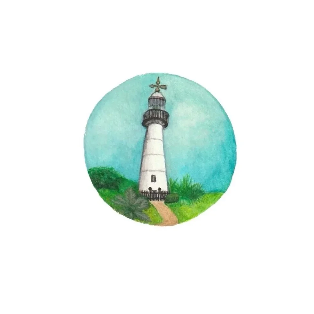 Watercolor illustration of a lighthouse with a blue sky and a path leading to the lighthouse. 