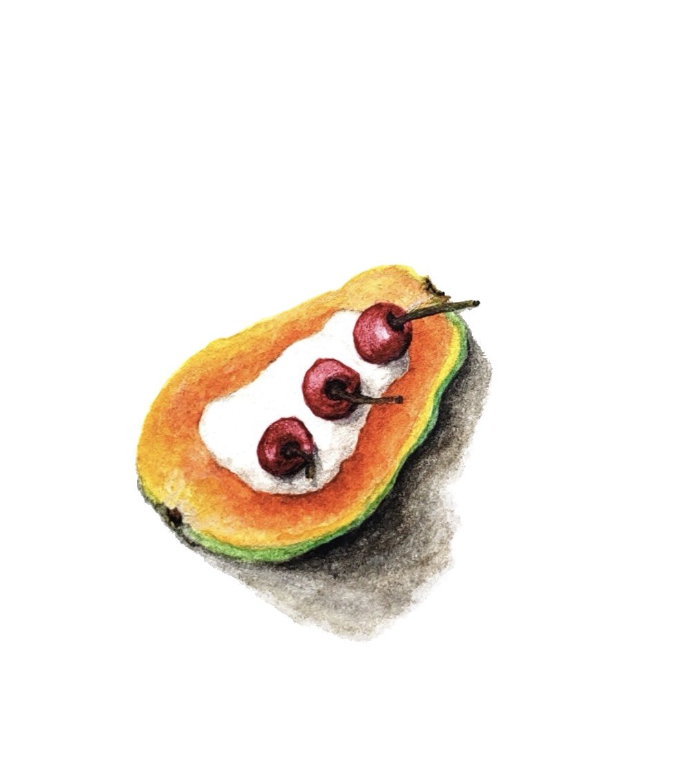 Watercolor painting of half a papaya with whipped cream and cherries.