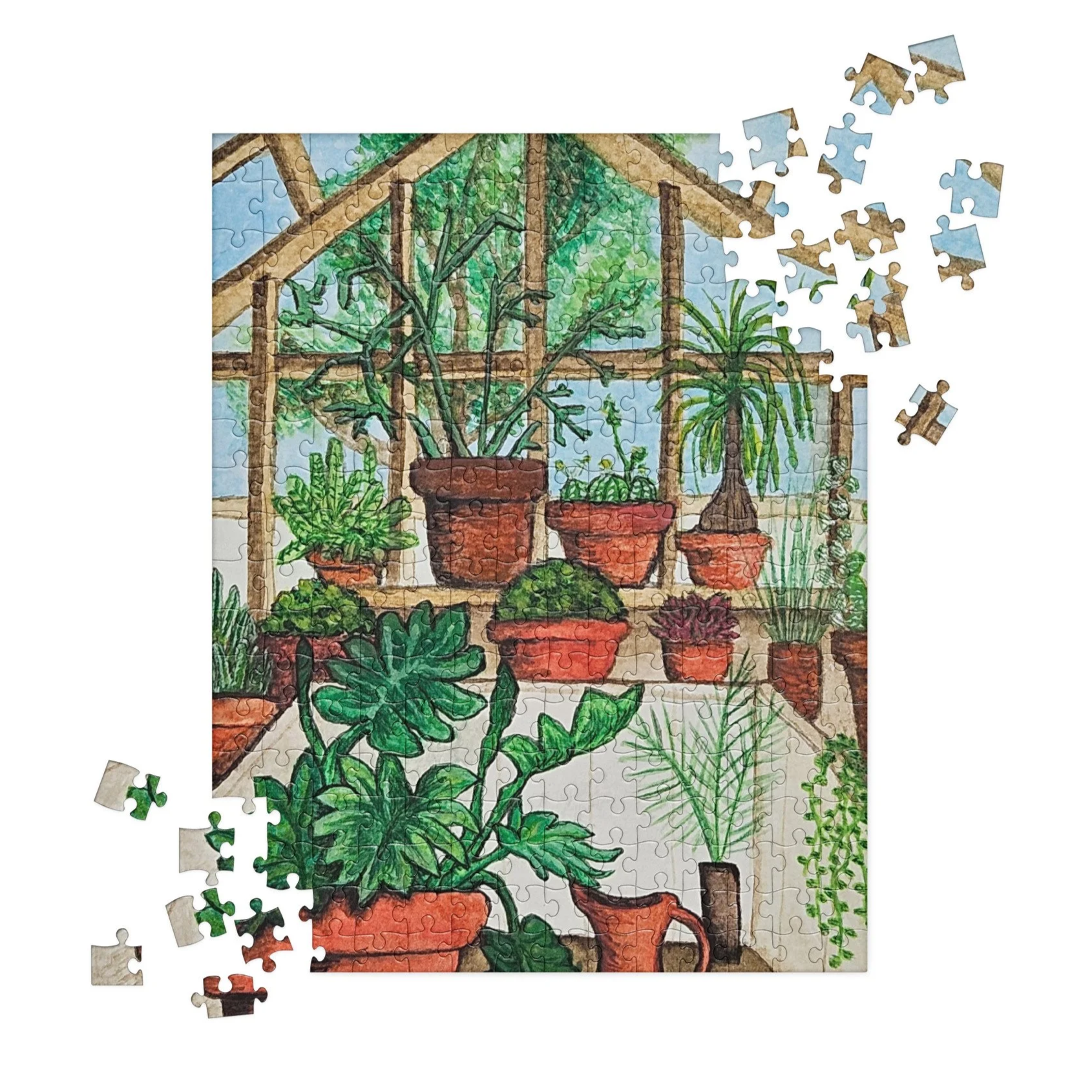 Jigsaw puzzle of greenhouse with plants in terra cotta pots.