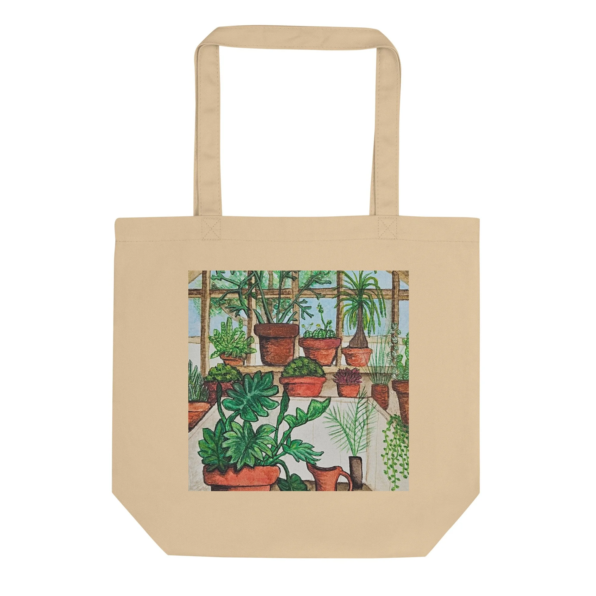 Biege tote bag with greenhouse image centered on bag. Greenhouse has plants in terra cotta pots.