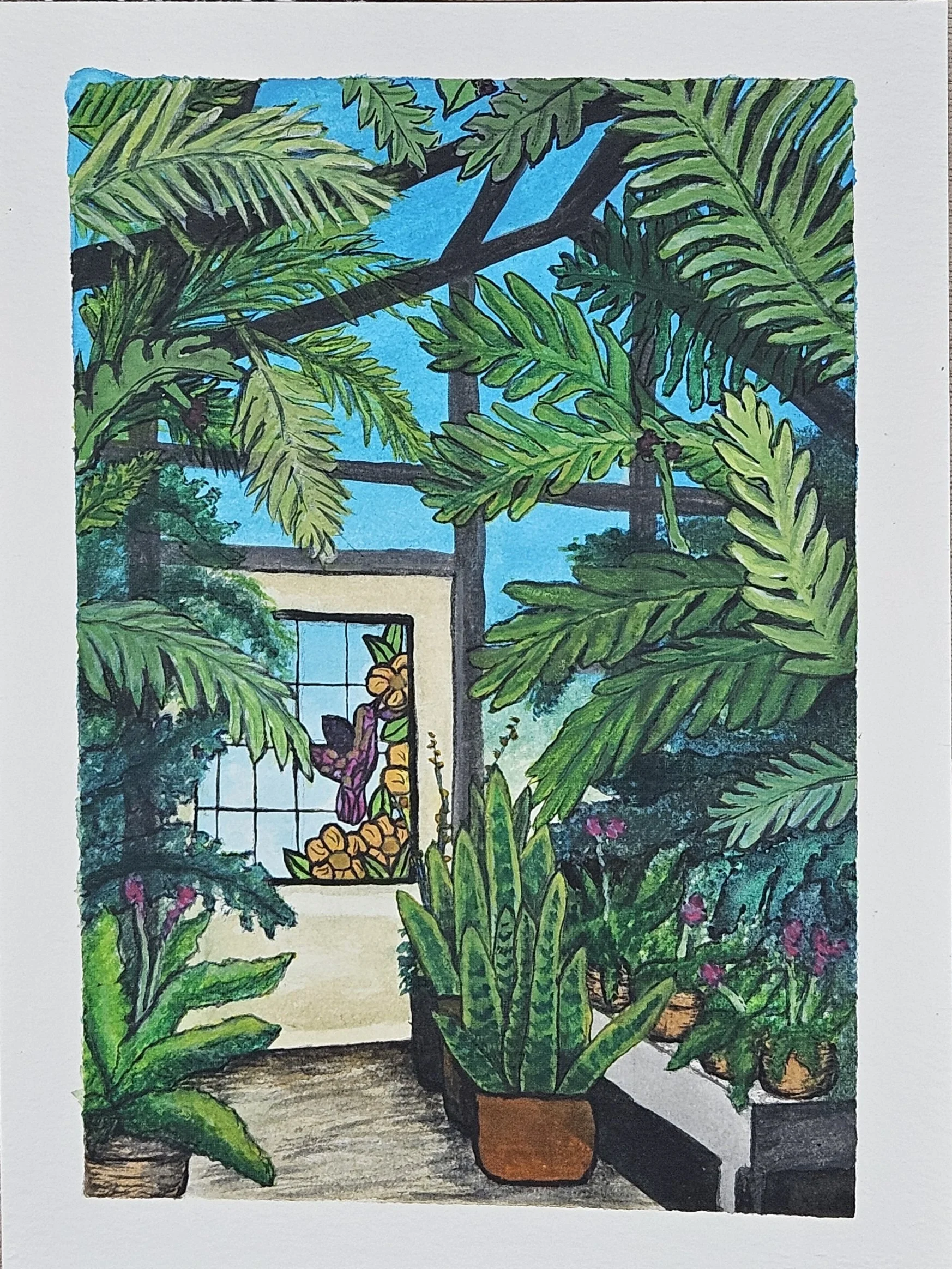 Tropical Greenhouse watercolor painting. Botanical Conservatory Illustration with Exotic Plants, ferns, and vibrant Green Foliage. The greenhouse has a cream door with a stained glass featuring a hummingbird and flowers. 