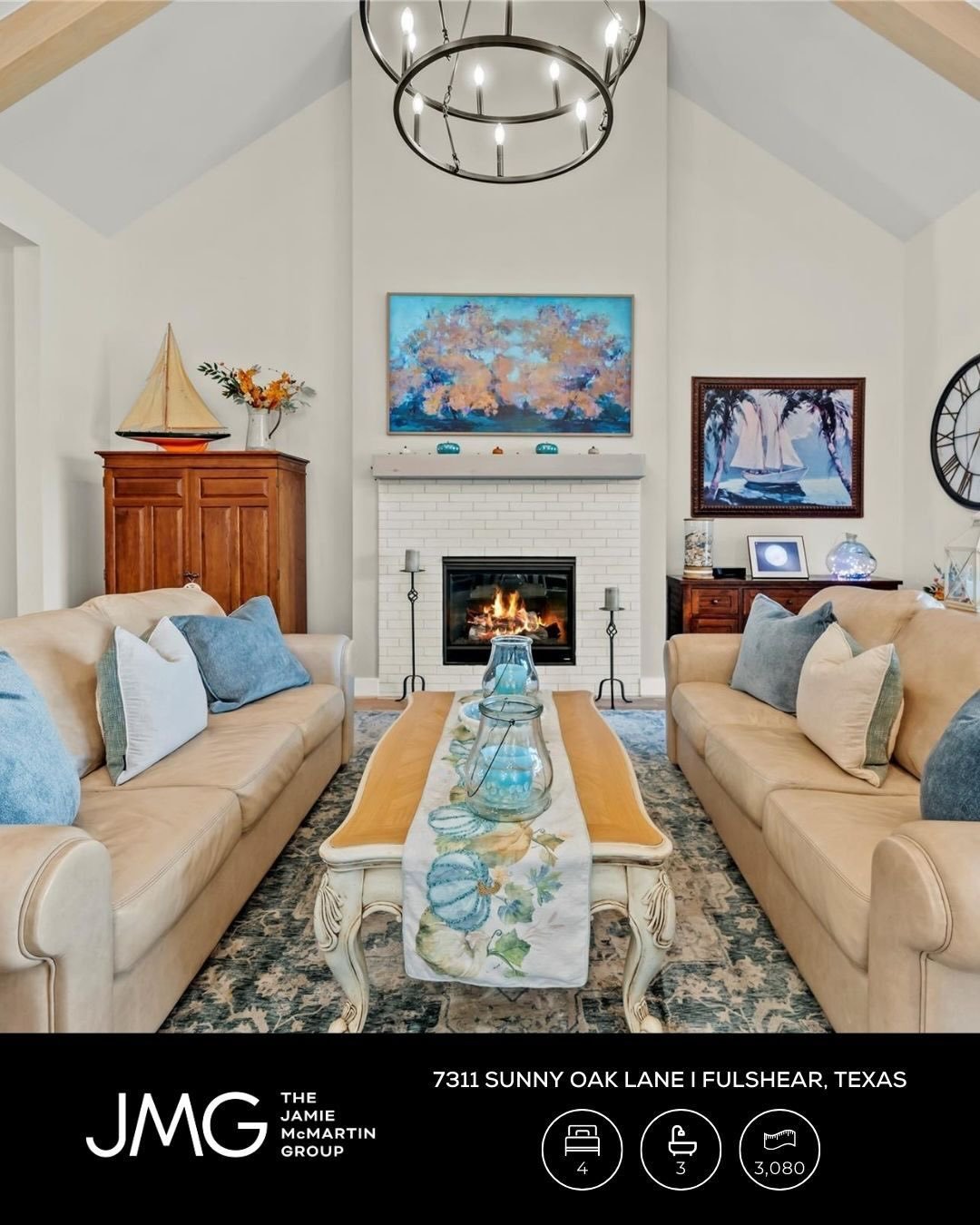 Tucked at the end of a quiet cul-de-sac, 7311 Sunny Oak Lane welcomes you with soaring cathedral ceilings, exposed beams, and warm modern elegance.

The open layout flows from a striking fireplace to a chef&rsquo;s kitchen with quartz counters, a but