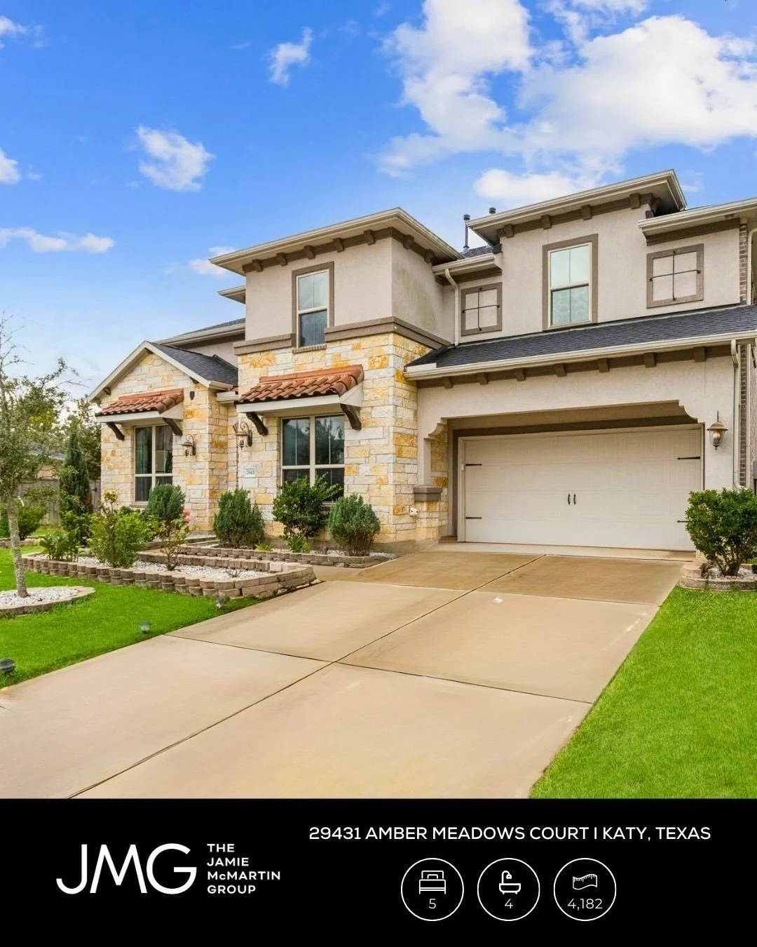 A quiet cul-de-sac in Young Ranch sets the stage for this spacious Katy home. Inside, vaulted ceilings, a wall of windows, and an open layout create a bright, inviting space.

The kitchen is built for gathering with granite and marble counters, a lar