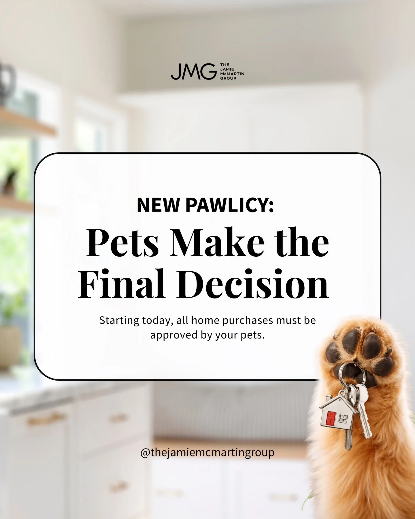 🚨 NEW PAWLICY ANNOUNCEMENT 🚨⁠
⁠
At JMG, we take all opinions seriously&hellip; especially the furry ones 🐾⁠
⁠
✔ Dogs will inspect the backyard zoomie potential⁠
✔ Cats will judge the sunlight quality⁠
✔ Fish&hellip; will observe silently⁠
⁠
Starti