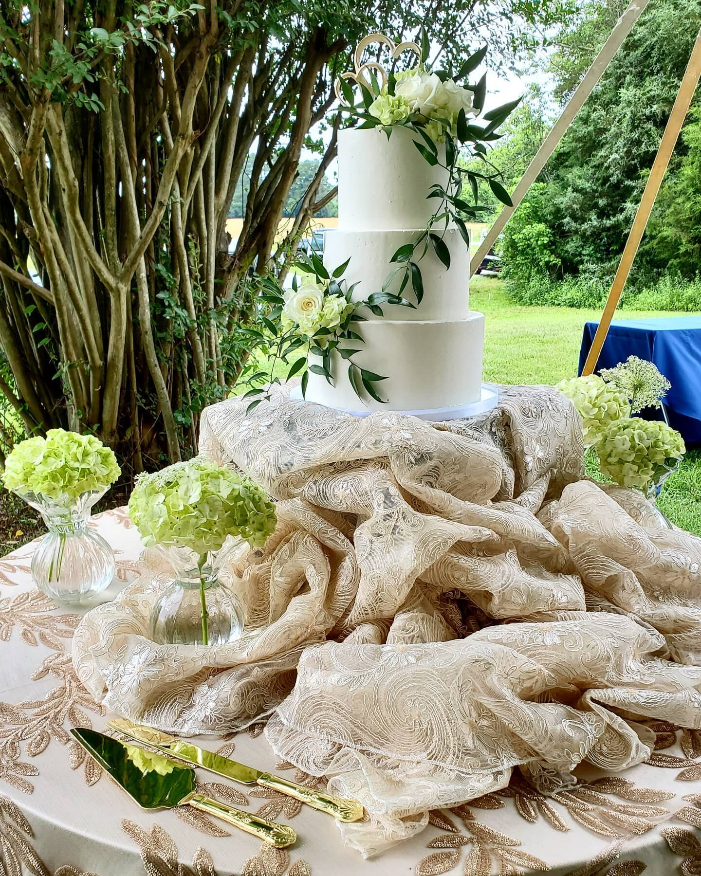 This past weekend we took on the crazy task of 6 wedding cakes in a day. We started off at Cane Creek Farm in Snow Camp, NC. Sometimes, all a cake needs is a beautiful tablescape and some gorgeous florals. #wedding #weddingcake #weddingflorals #green