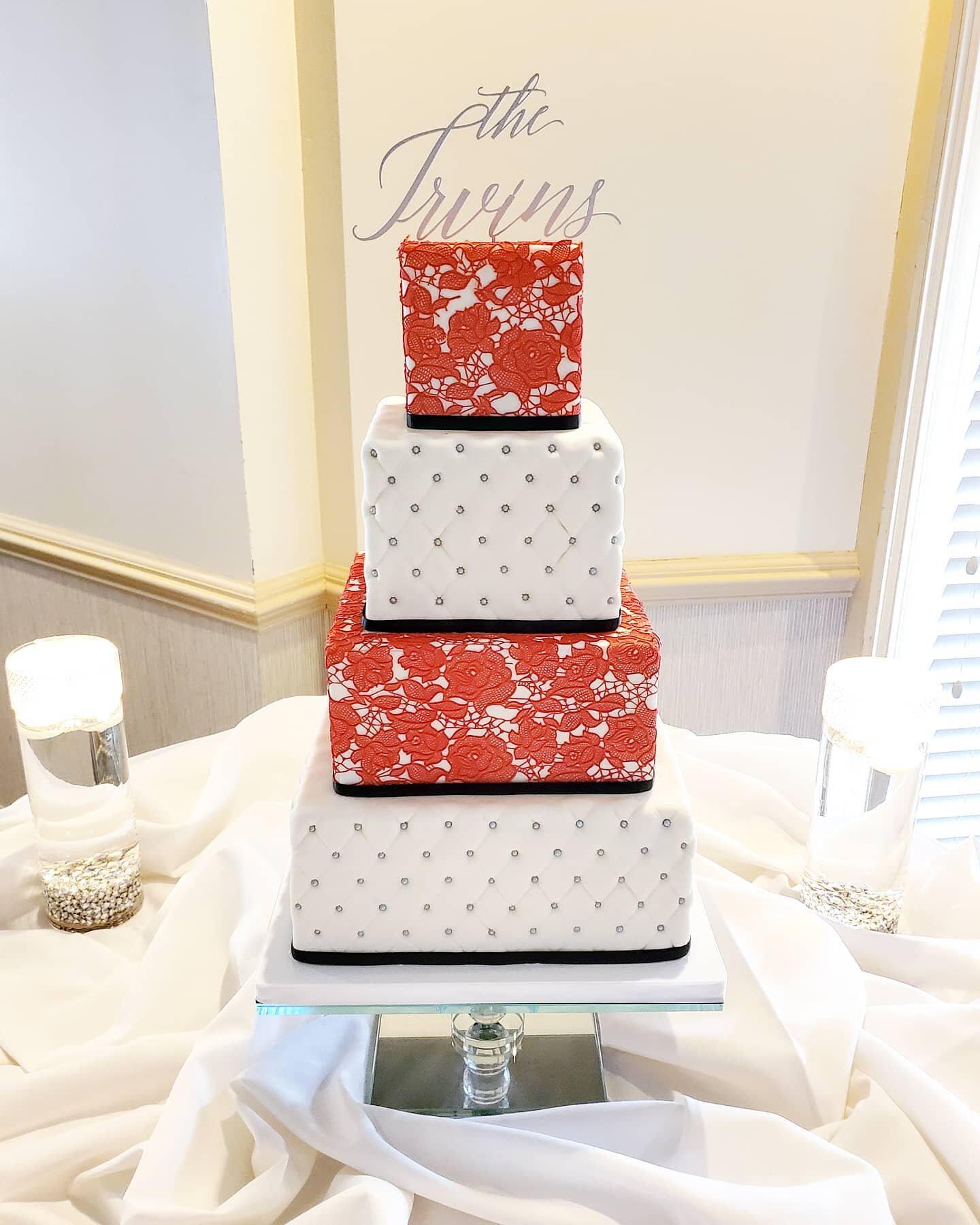 Our last stop from the two weekends ago wedding madness was @treyburncc for this all red lace and quilting stunner. 😳 #quilted #quiltedcake #quiltedcakes #wedding #weddingcake #weddingcakes #cake #cakes #uniquecake #uniquecakes #customcake #customca