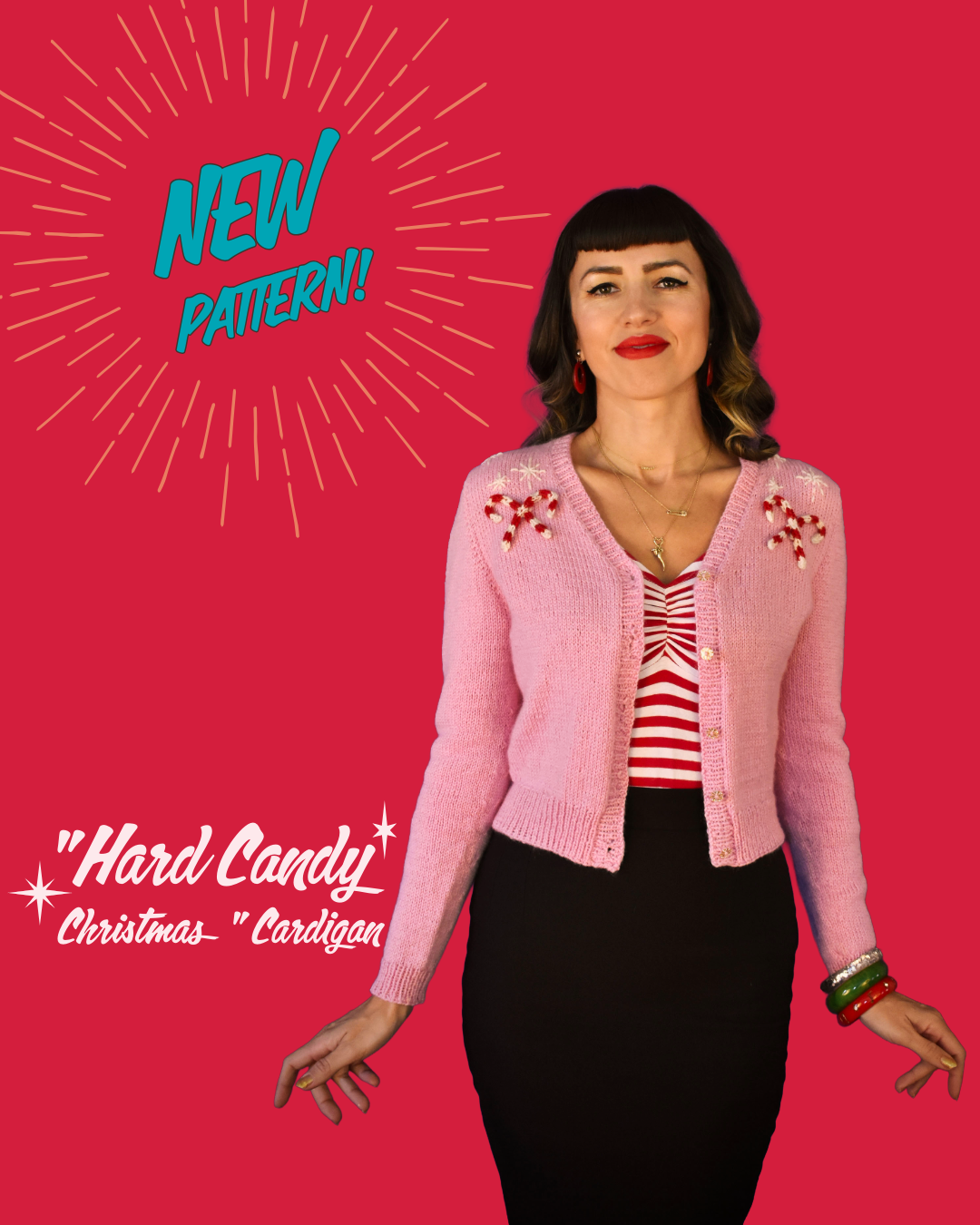 Pink vintage-inspired Christmas cardigan with removable red-and-cream knitted candy canes and embroidered starbursts.