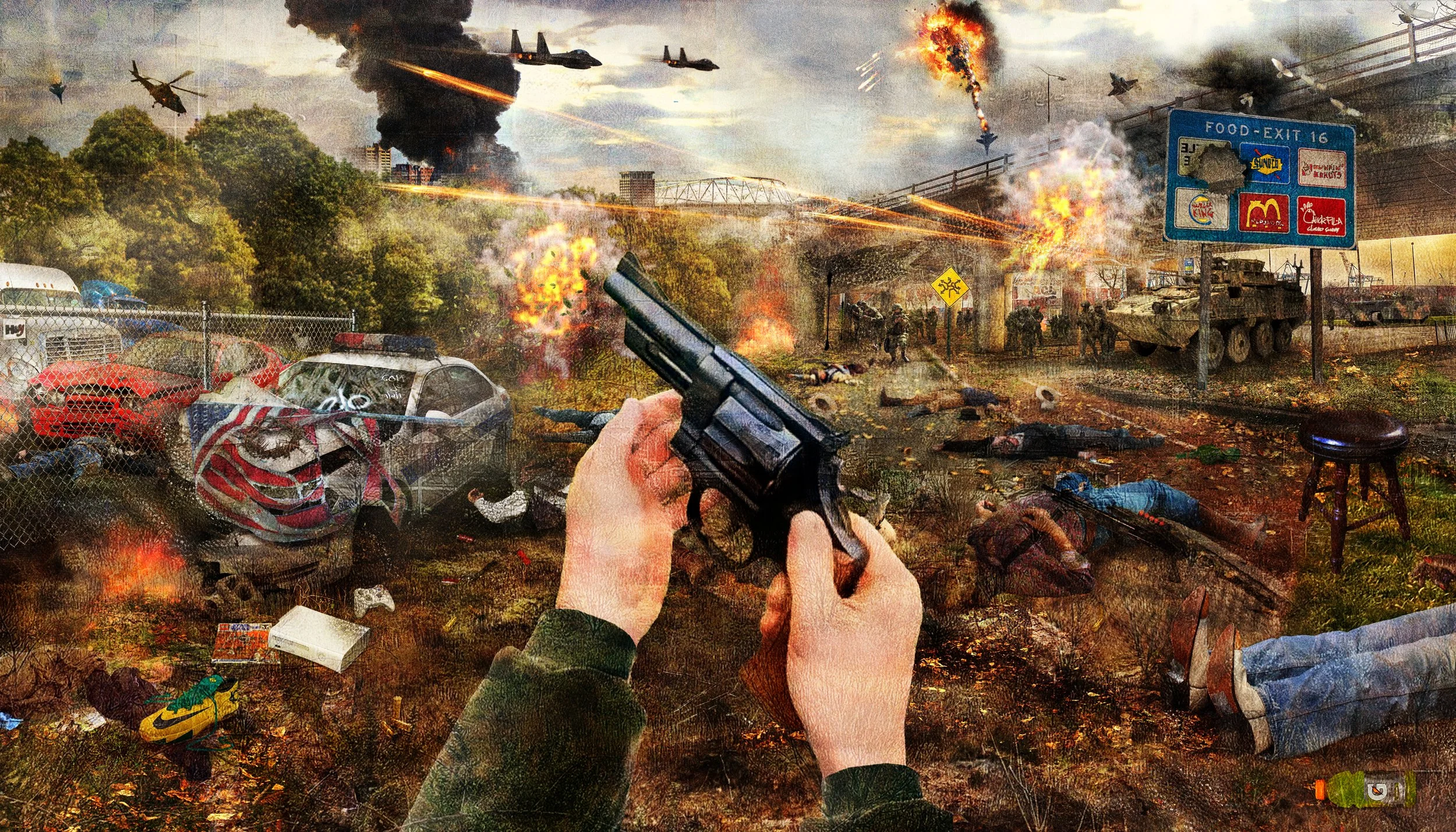 Outside Syracuse NY/ Death of the Last Individualist, 2023
Photoshop Collage
66x168 cm Inkjet print on archival Photo paper