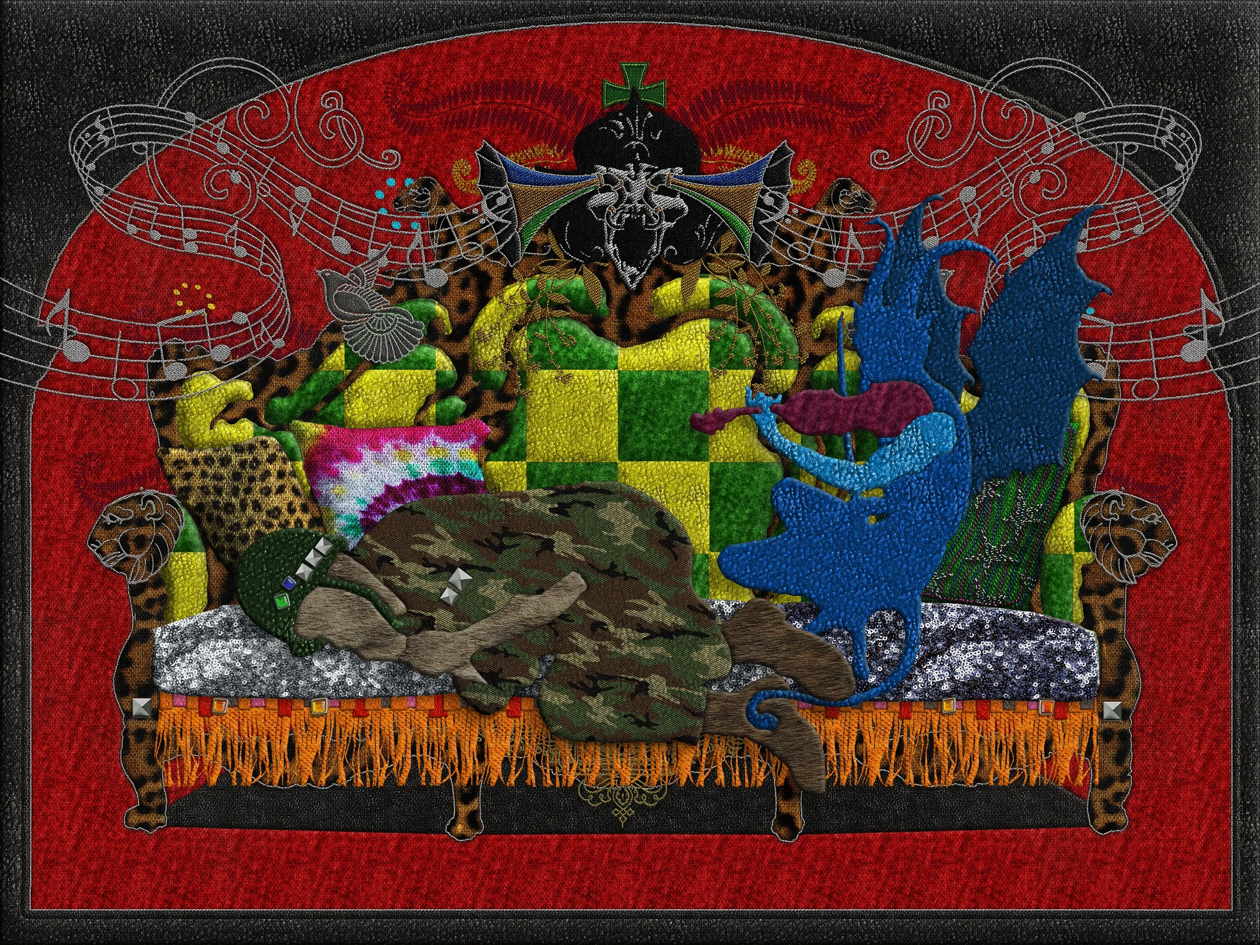 Devils Trill Sonata, 2025
Digital Tapestry, Photoshop
76x100 cm Inkjet on canvas