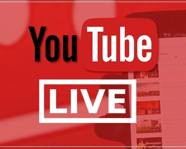 clickable YouTube Live logo with a red background and video thumbnails in the background.