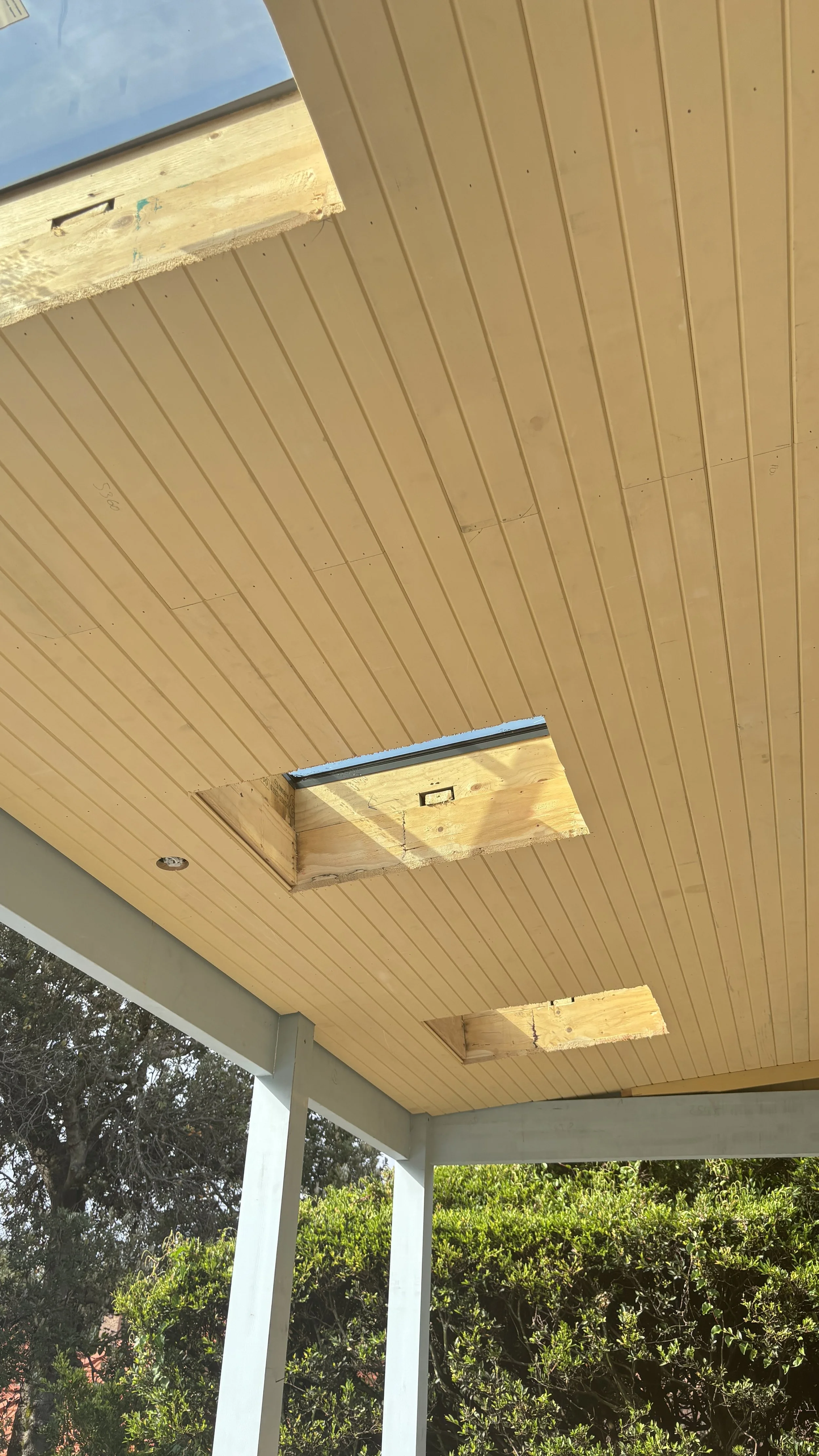 Ceiling with unfinished wooden panels and cutouts for skylights, lattice structure supports, and visible outdoor greenery.
