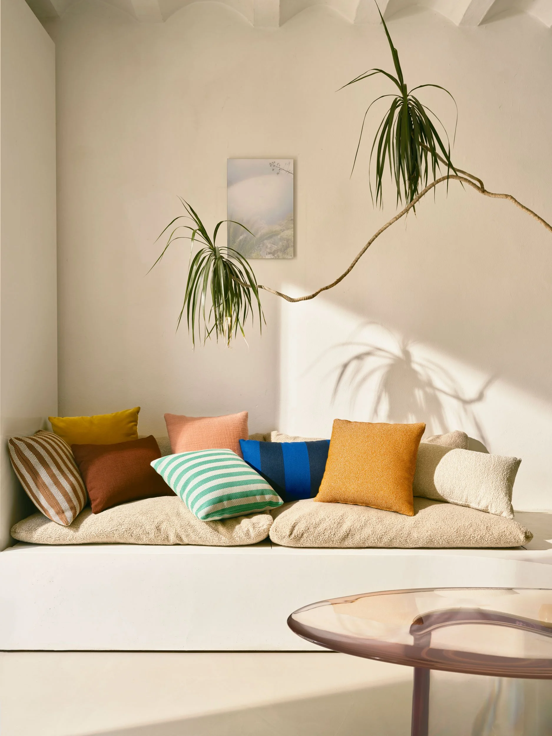 Der Künstler Lukas Cober und die Ärztin Vera Köller wohnen in Maastricht in einem ehemaligen Bergarbeiterhaus. Farbige Kissen auf Einbau Sofa, Palme daneben