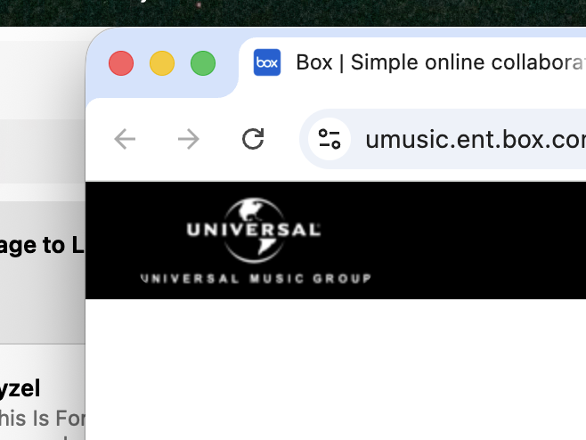 Open browser window featuring Universal Music Group's logo and website, with an open email inbox in the background.