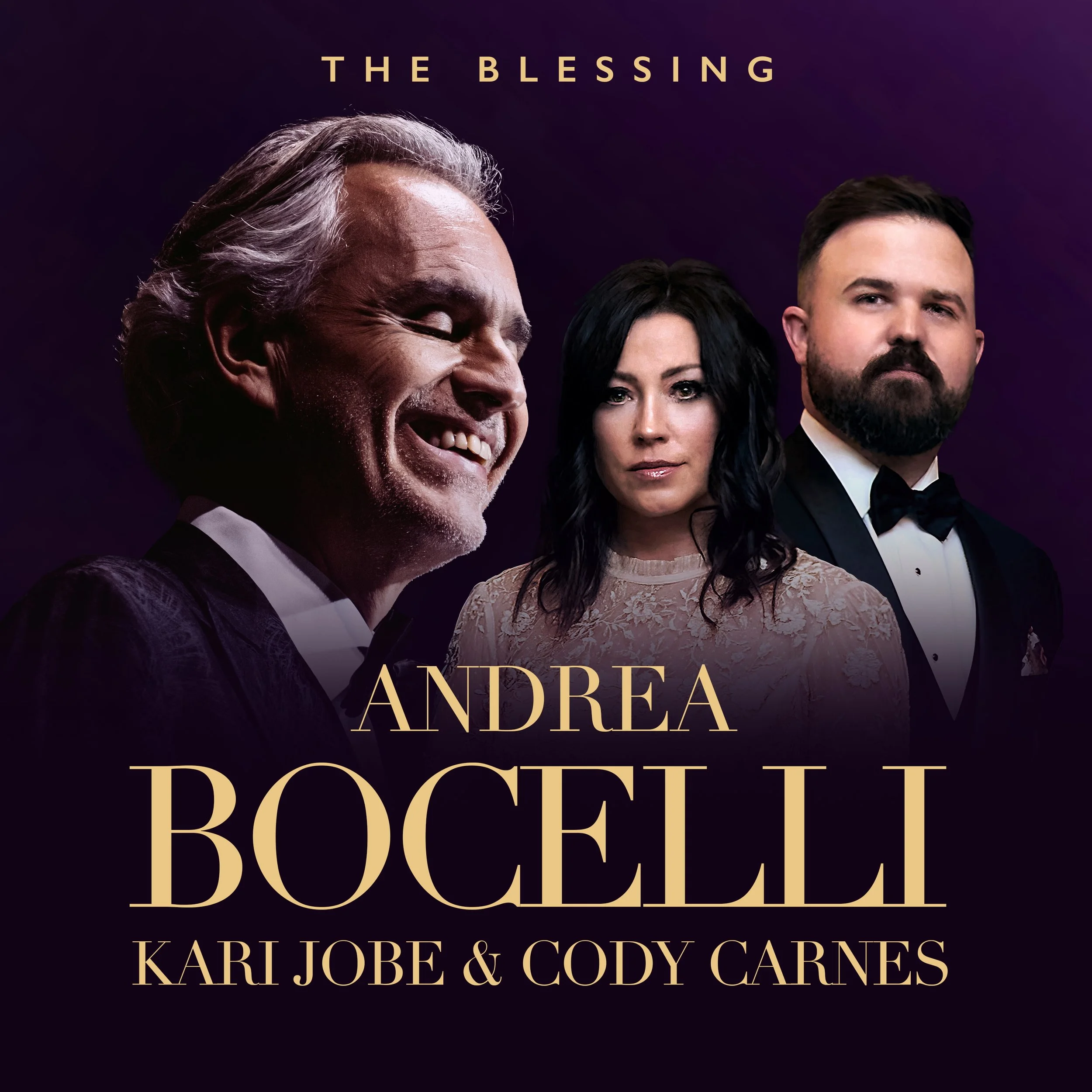 Poster cover for lyric video for "The Blessing" by Cody Carnes & Kari Jobe featuring Andrea Bocelli with purple background, gold text and portrait photos of them.