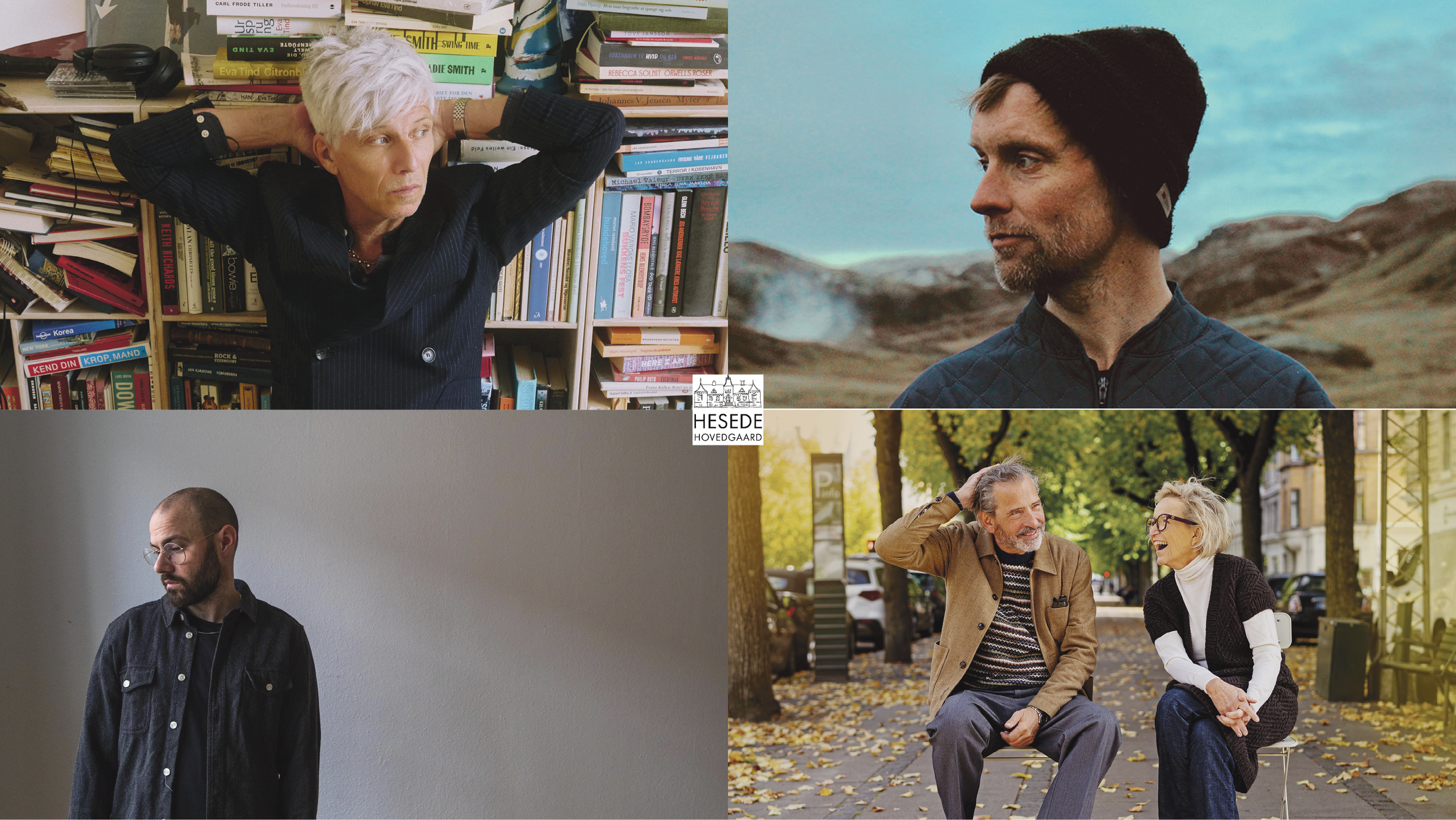 Fire personer i forskellige omgivelser: En kvinde med hvidt hår ligger i en bogreol med hænder bag hovedet, en mand med sort hue i et landskab, en mand med briller og sort skjorte står mod en hvid væg, samt to ældre personer sidder på en parkbænk under træer med faldende blade, der ler og snakker.