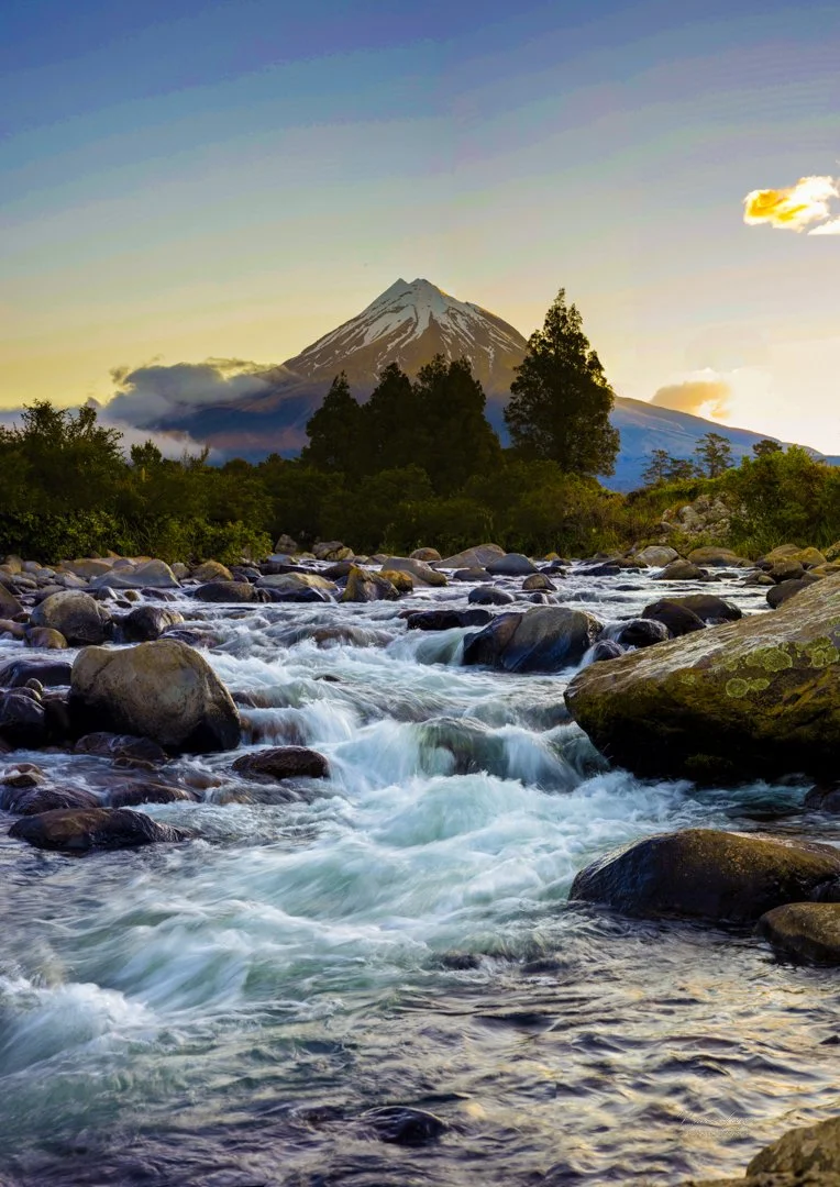 A mountain with a snow-capped peak in the background, evergreen trees at its base, and a rocky river flowing in the foreground.