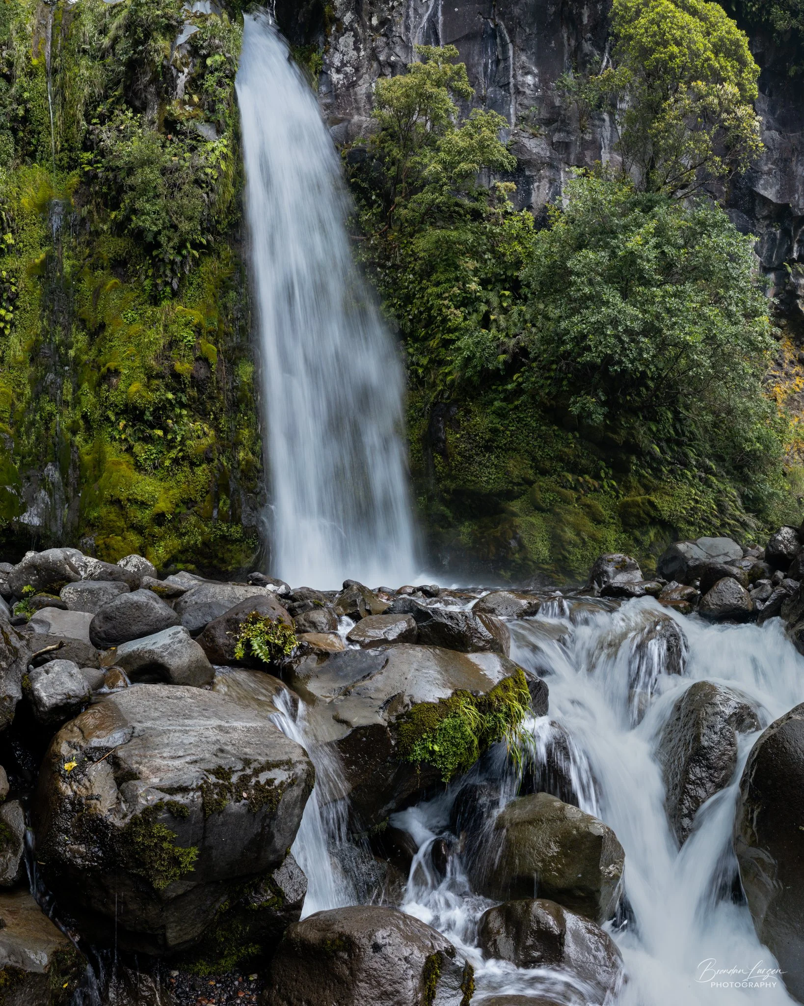 A waterfall cascading down a moss-covered rocky cliff into a stream with large wet stones, surrounded by lush green trees and foliage.