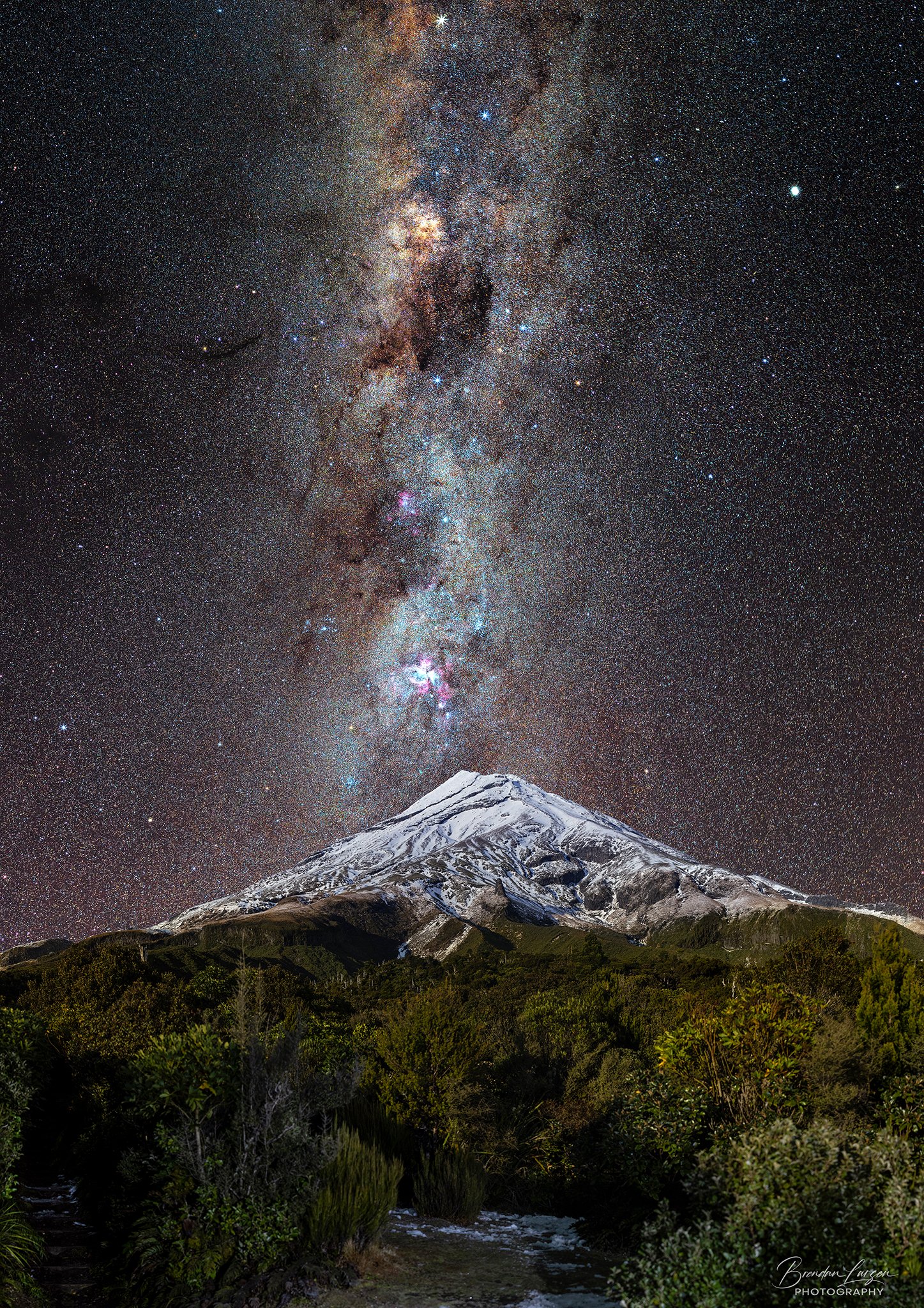 Milky Way and Crux over Snow-clad Mt Taranaki