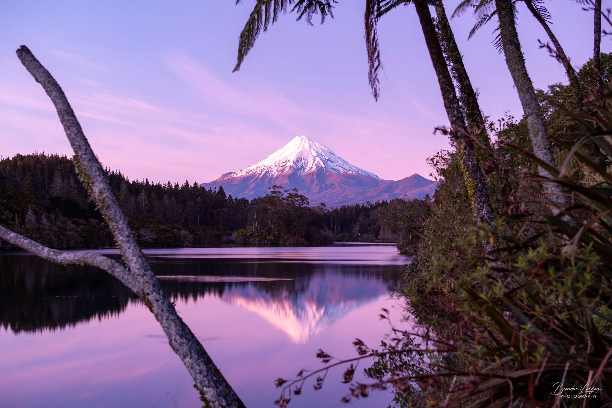 Snow-capped mountain, likely Mount Taranaki, reflected in a calm lake with surrounding trees and purple pink sky