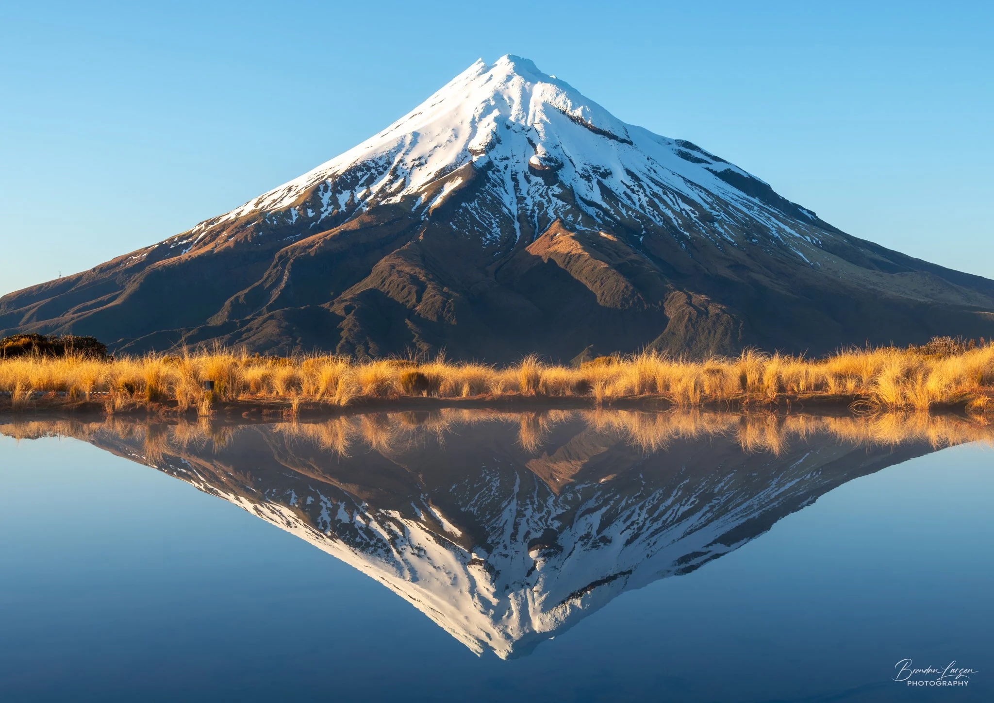 Snow-capped mountain reflected in calm water with yellow grasses in the foreground.