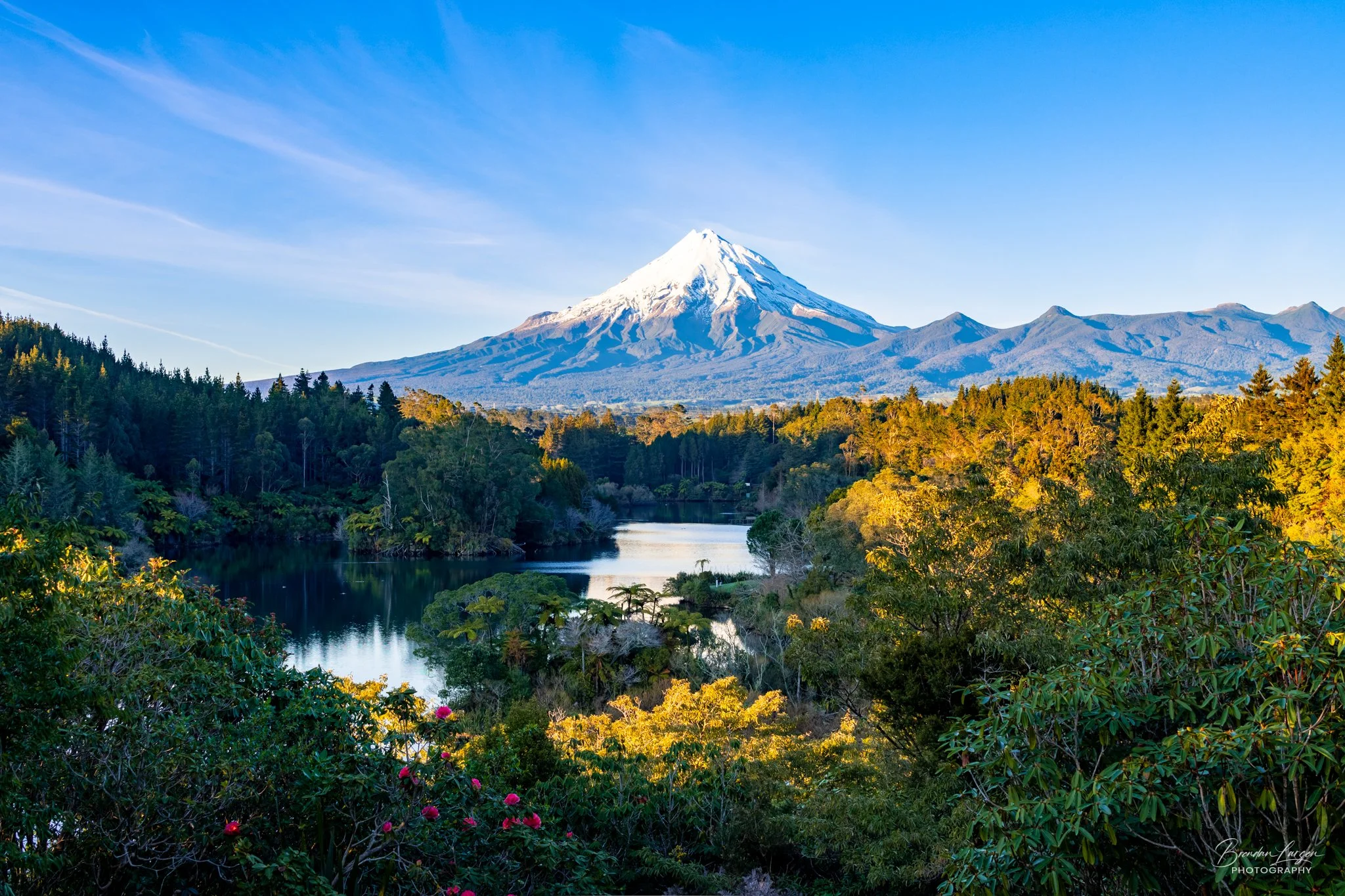 Snow-capped Mount Taranaki/Egmont volcano towering over a lush green forest and a reflective river in the foreground under a clear blue sky.