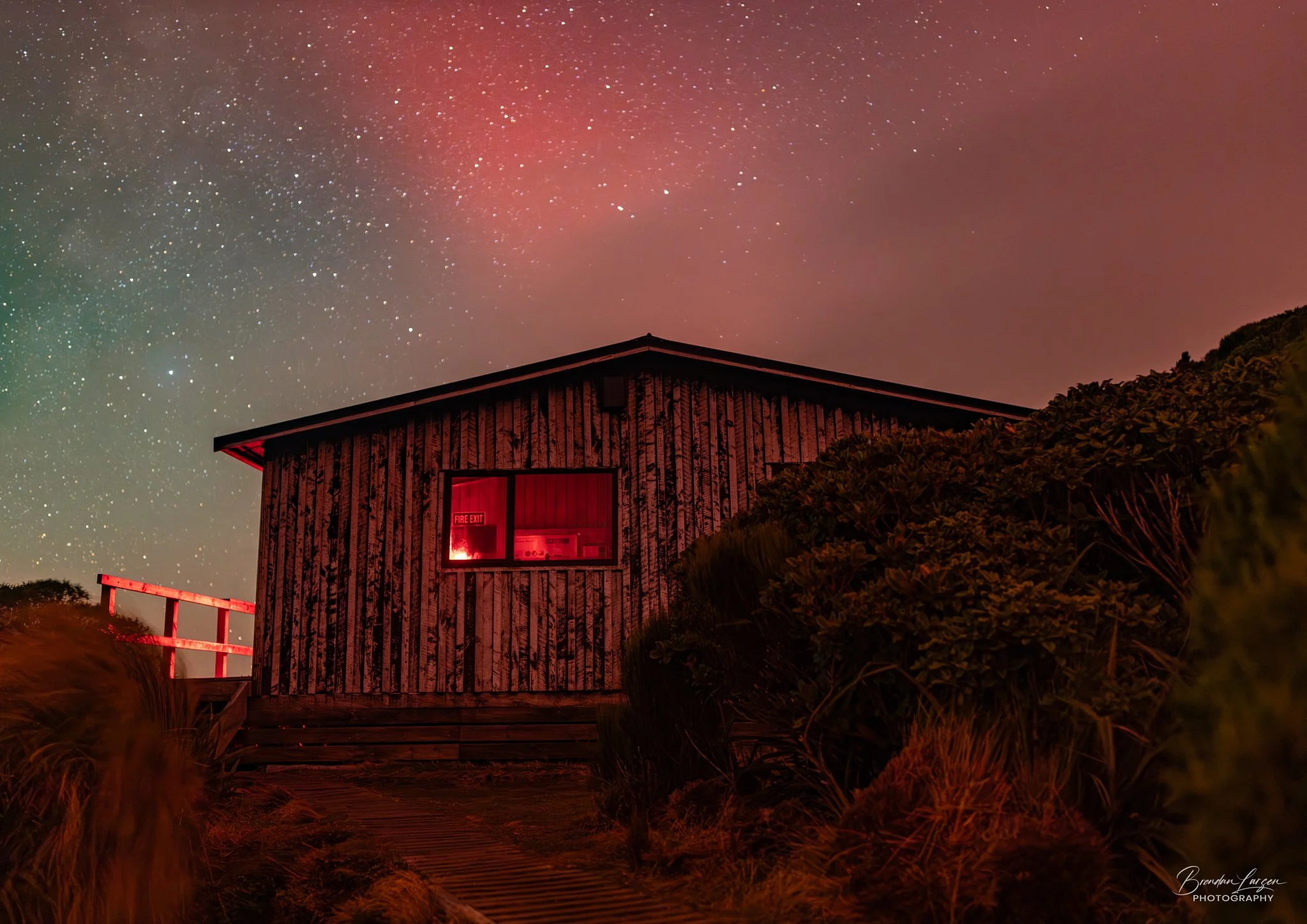 A wooden hut with a window glowing red in a dark landscape under a starry aurora sky, with bushes and plants in the foreground.