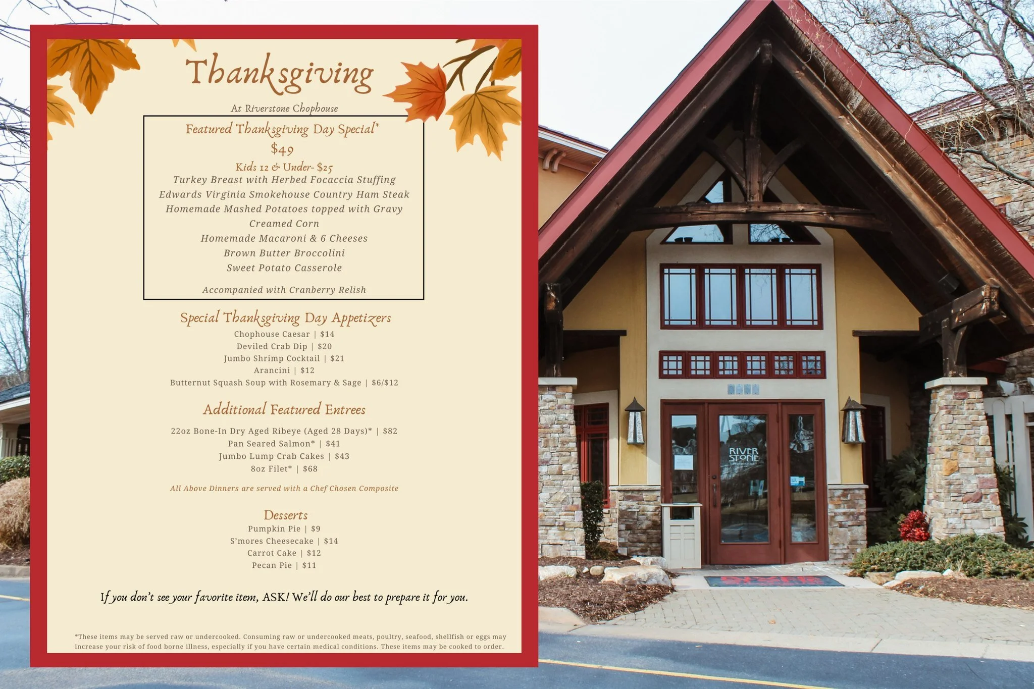 Thanksgiving at Riverstone Chophouse 🍽🍁
Join us Thanksgiving Day from 11–8 for a curated holiday menu with both traditional and elevated steakhouse entrées — large-party friendly.
https://www.opentable.com/river-stone-chophouse