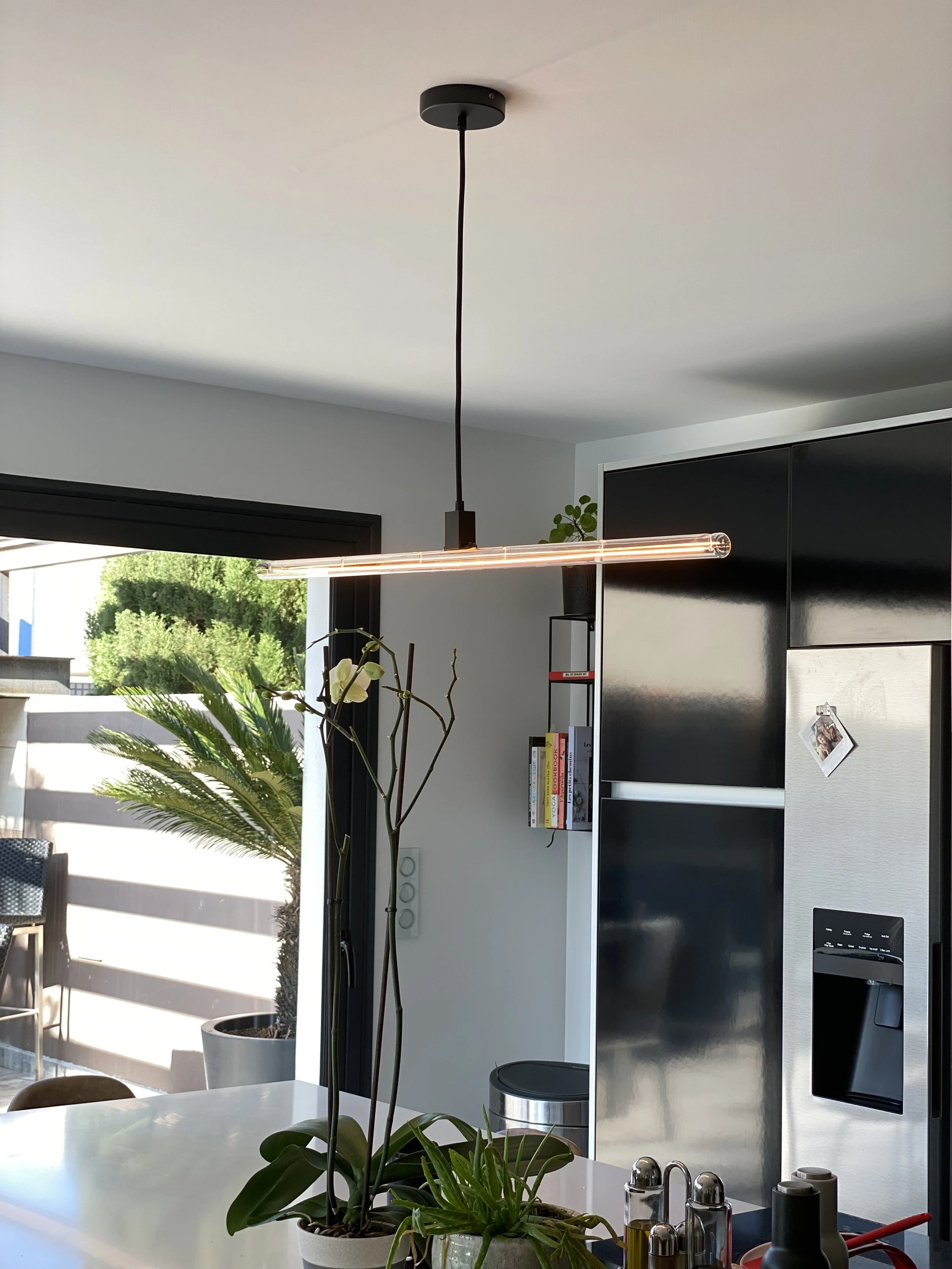 Cuisine moderne avec suspension lumineuse, réfrigérateur en acier inoxydable, plantes d'intérieur sur le comptoir, et vue sur extérieur avec palmiers.
