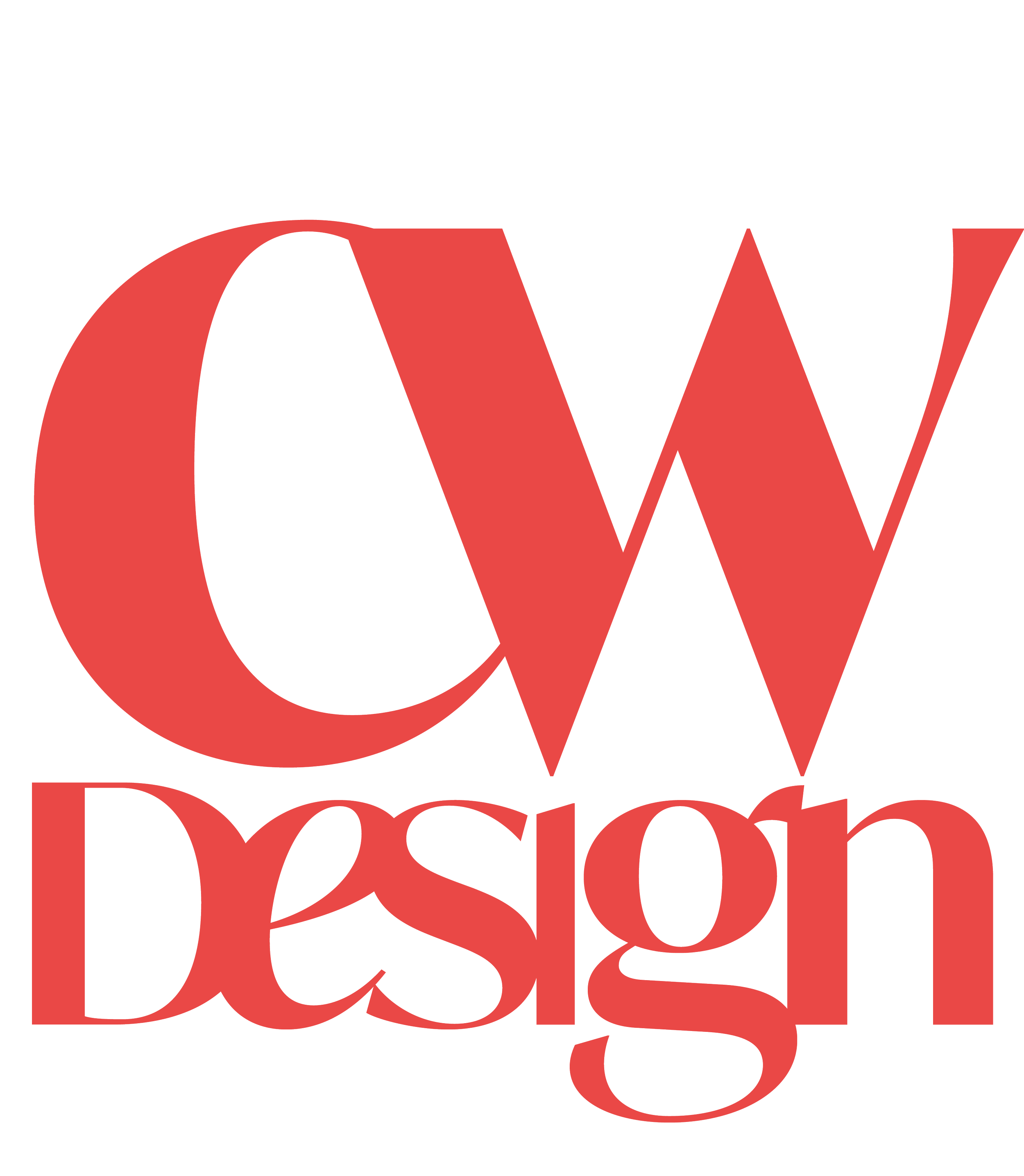 Red logo for Chris Walton Design: Tightly set red letters, with large "CW" above and small "Design" below