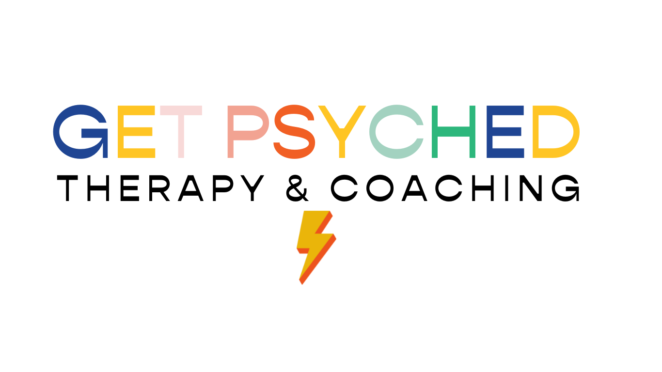 Colorful graphic with text that reads 'Get Psyched Therapy & Coaching' in bold, vibrant letters, with a lightning bolt and a rainbow gradient background.