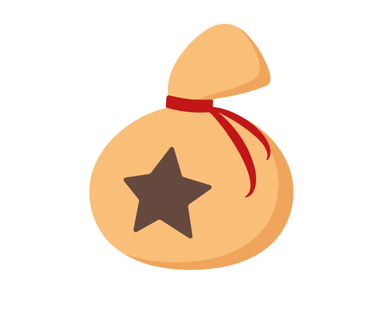 Illustration of a beige cloth sack with a dark star on it, tied with a red ribbon.