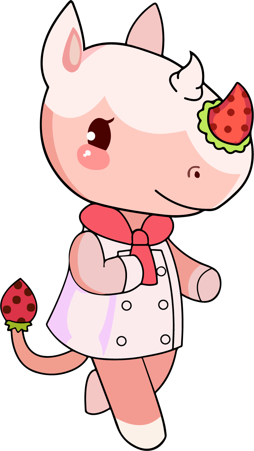 Cute cartoon character of a pink anthropomorphic animal, possibly a cat or fox, wearing a white chef's coat with pink accents and a red scarf, holding a strawberry with a big smile.