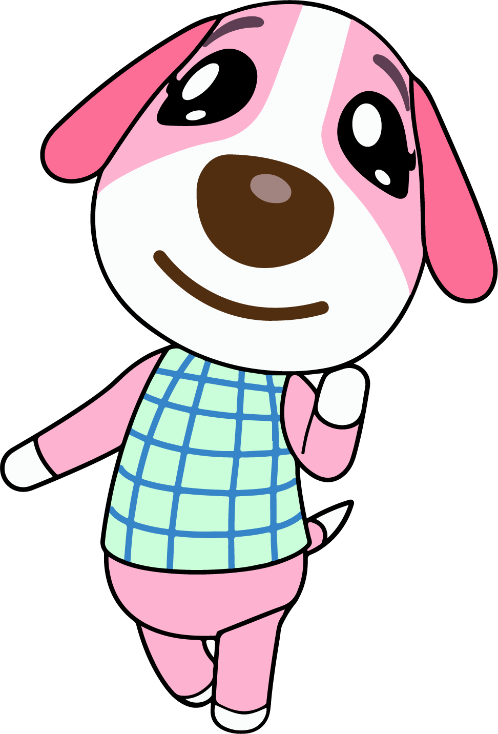 Cartoon dog character with pink fur, a white face, and a large brown nose, wearing a blue and white checkered apron and pink pants, standing against a black background.
