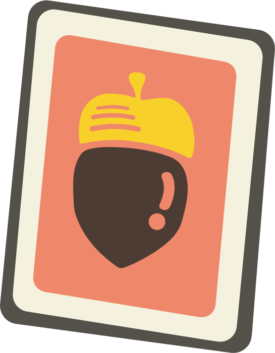 Illustration of an acorn with a yellow cap and a black body on a peach background.