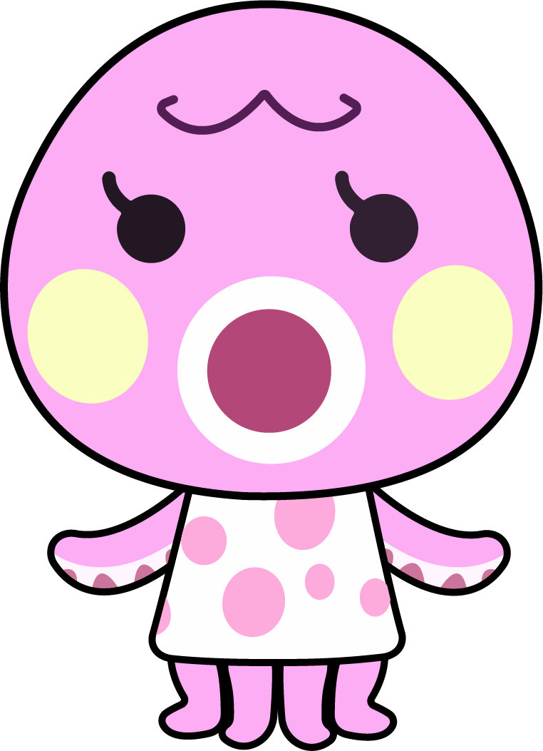 Cartoon character of a pink octopus with large black eyes, pastel yellow cheeks, and a mustache, wearing a white dress with pink polka dots.