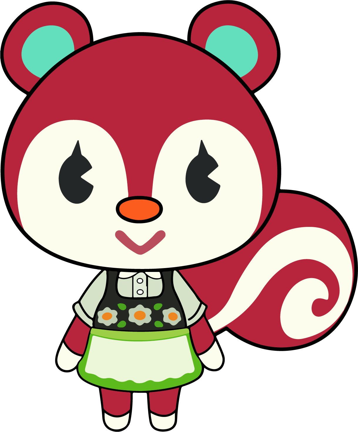 A cartoon squirrel character with a red body, cream-colored face, and a large bushy tail with a cream swirl. It has black eyes, a small orange nose, and wears a dress with a green hem, a gray top with a white collar, and a black apron decorated with white and orange flowers.
