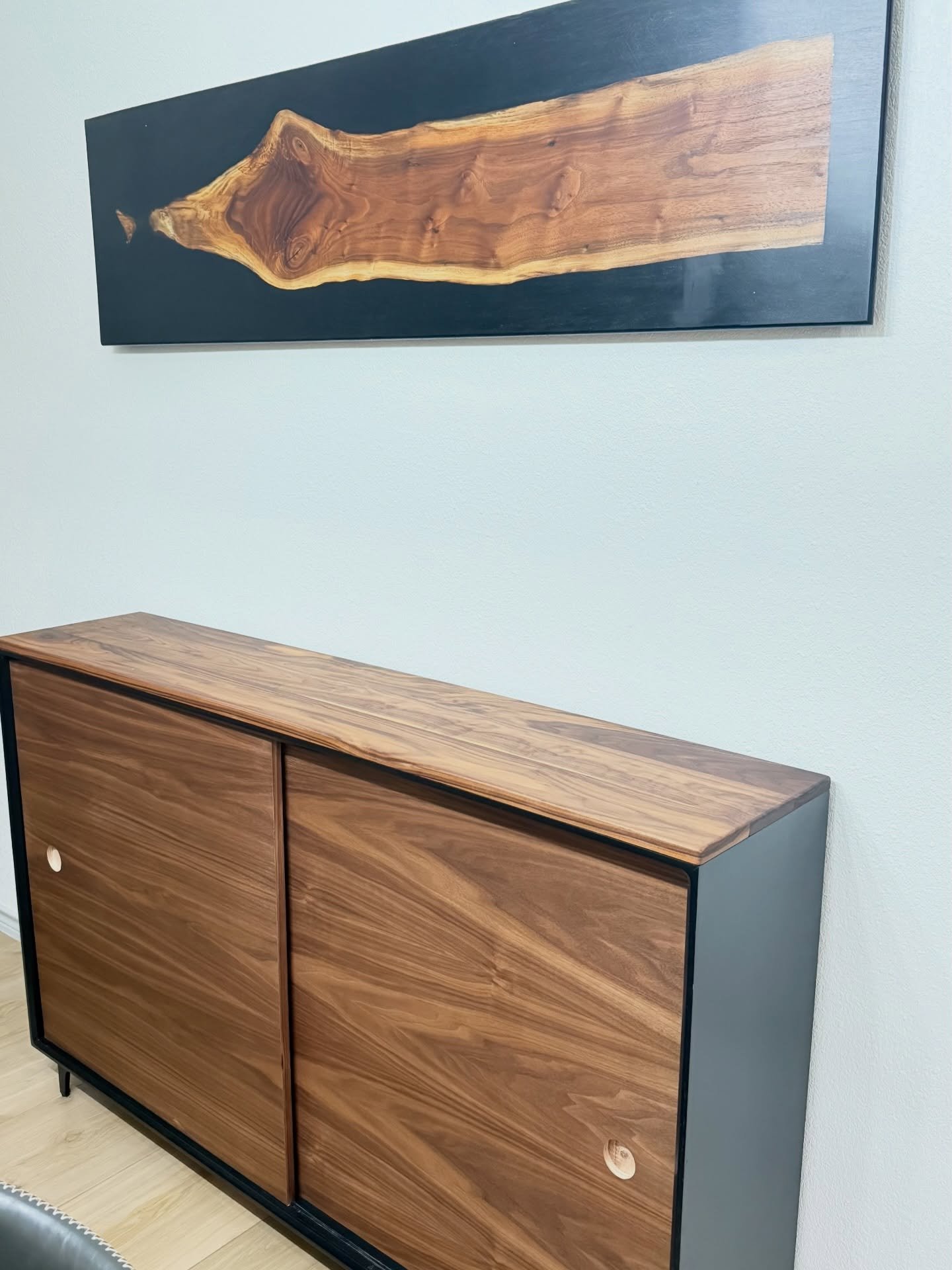 Finally completed 4 month project - 2 side boards for dining area. Still need to design and make sliding door pulls on CNC (which goes inside the light color grooves on sliding doors) #woodworking #woodworker