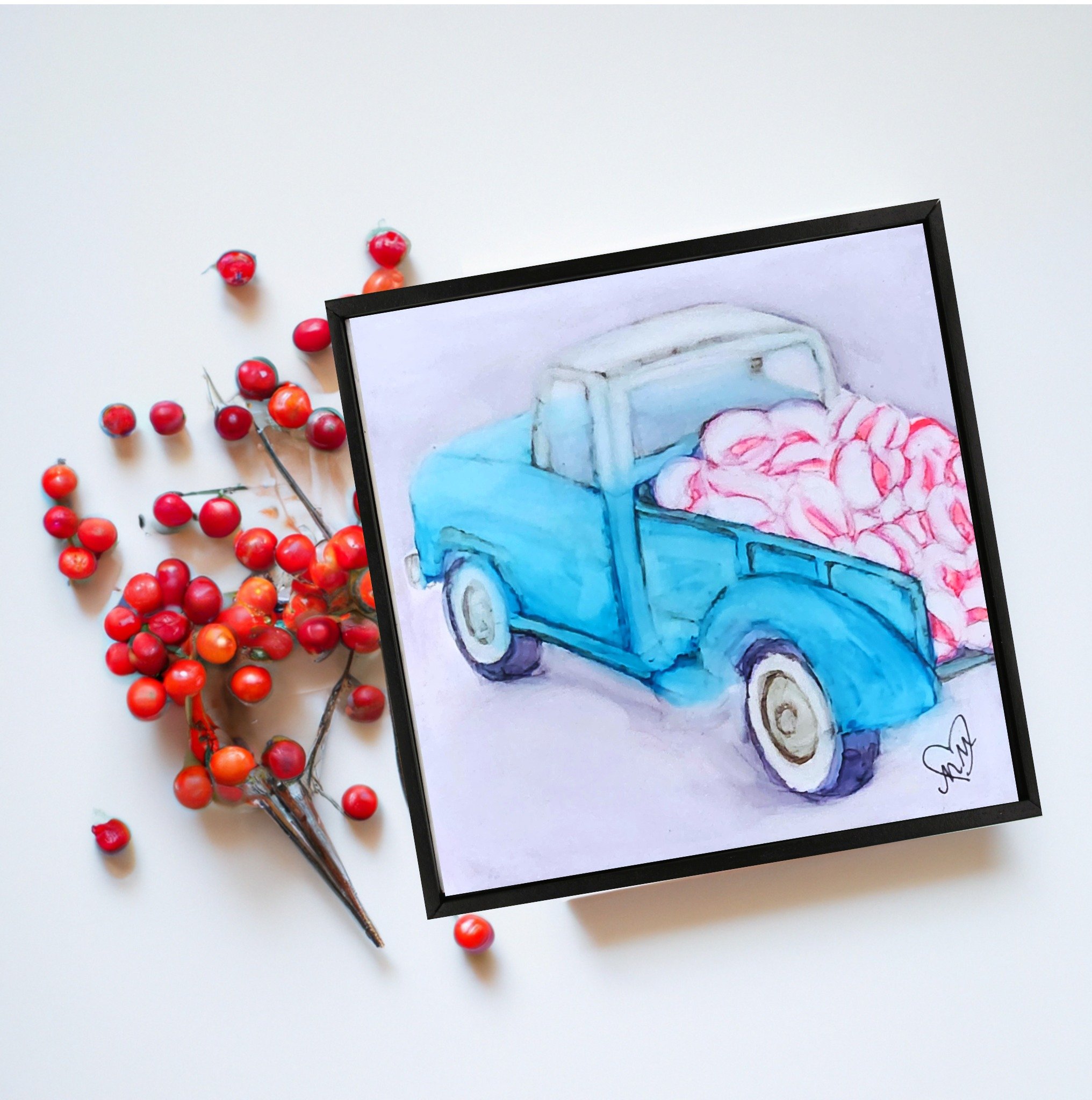 Pick-up Peppermints - Original Art 6&quot;x6&quot;
A sweet, vintage truck loaded with treats!
I really enjoy decorating with candy; in fact my entire yard is decorated with jumbo cupcakes, and giant gumdrops during the holiday season. I went with a p