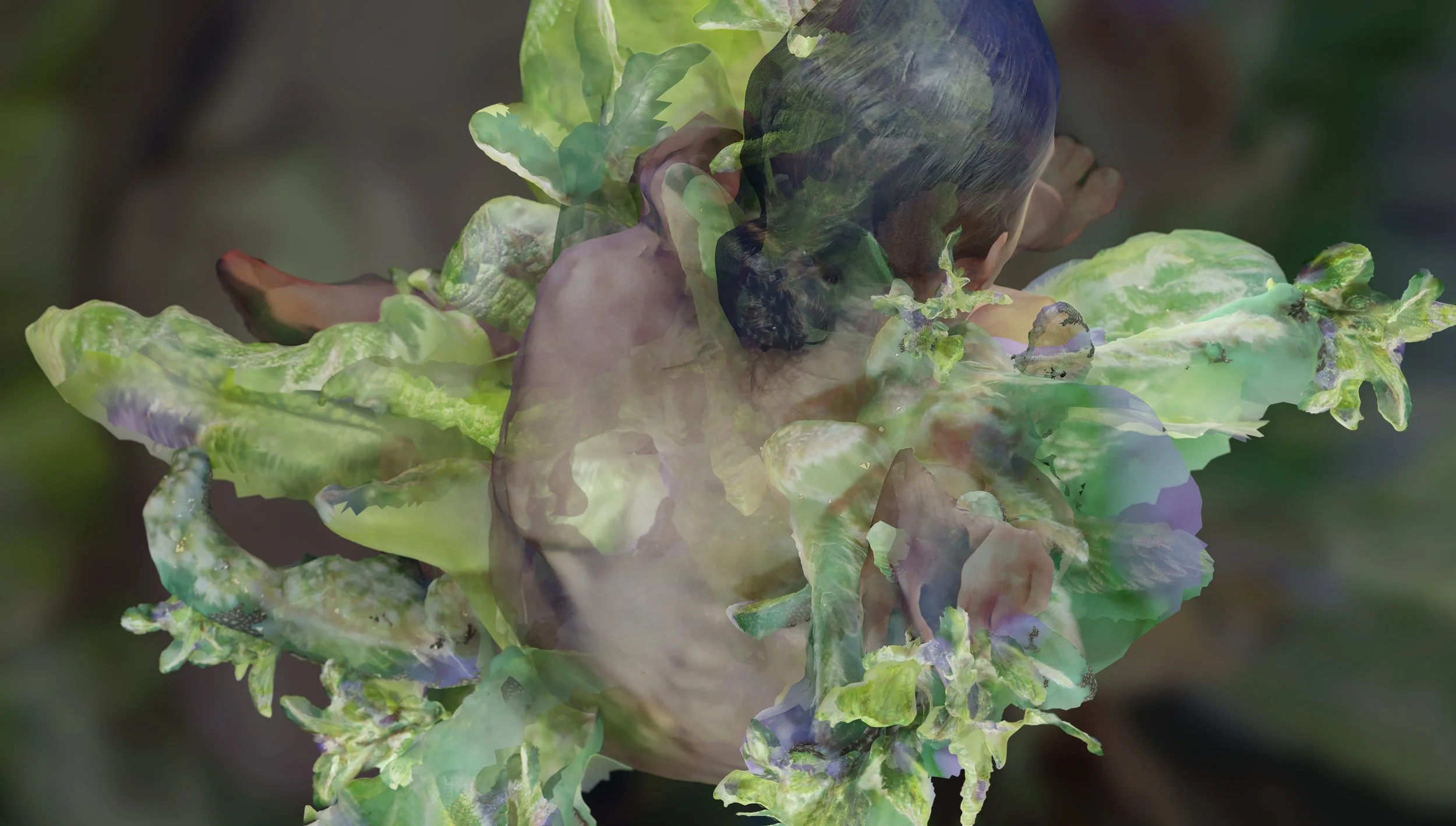 An image of a person with their back to the viewer, curled up nude. Their body is fused with nettle.